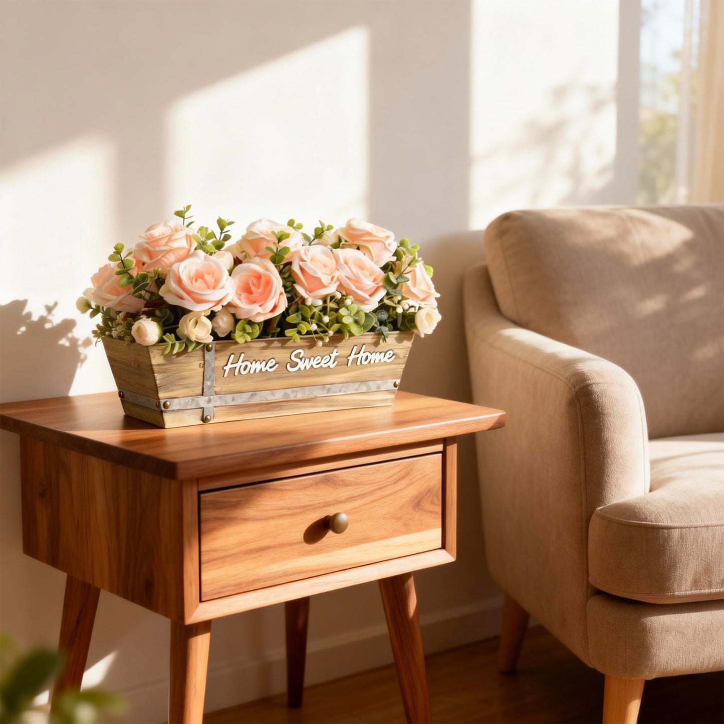ANMAYNICE Artificial Rose Flower Arrangement with Eucalyptus in Wooden Planter, Faux Flowers Farmhouse Table Centerpiece, “Home Sweet Home” Rustic Home Décor, Champagne