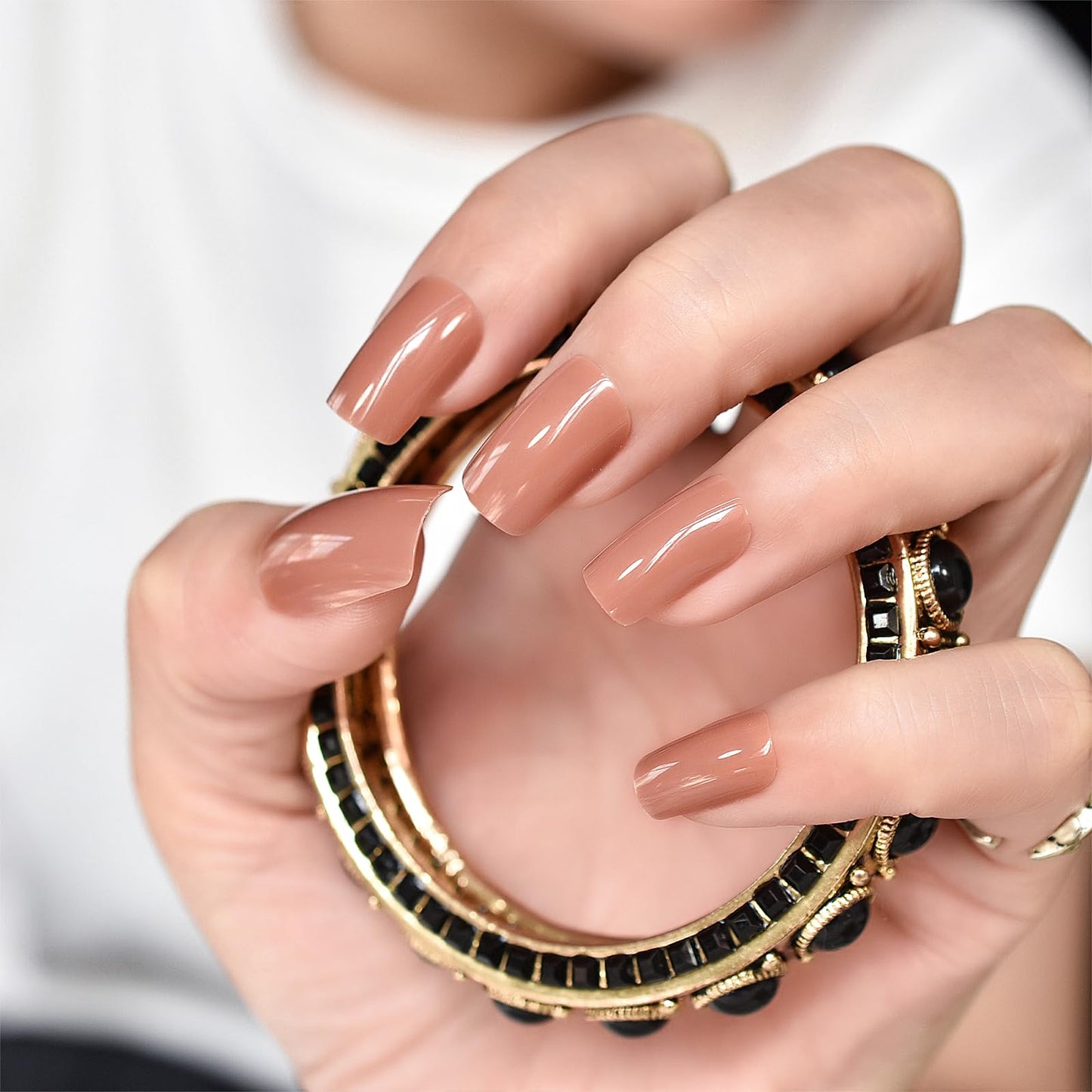 Pure Nude Brown Press on Nails - iBeautying False Nails - Glossy Finish Finger Daily Wear Nail - Medium Square Acrylic Reusable Fake Nails 24pcs