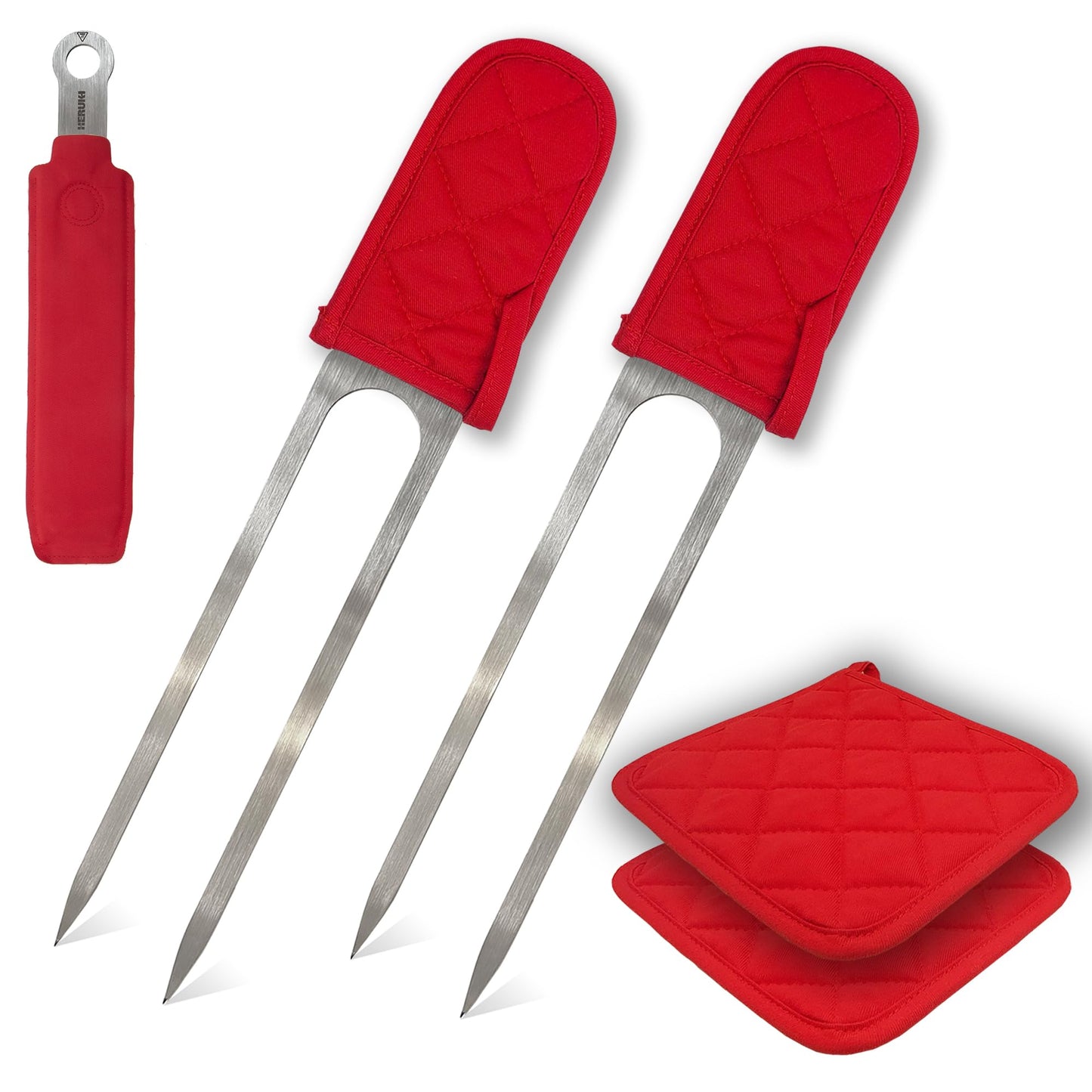 HERUKI Double Skewers Plus 2 Heat-Resistant Cast-Iron Handle Sleeves and 2 Potholders Bundle Premium Grill Kitchen Accessories for Kabob, Shawarma, Meat Fish Chicken BBQ Gift Set