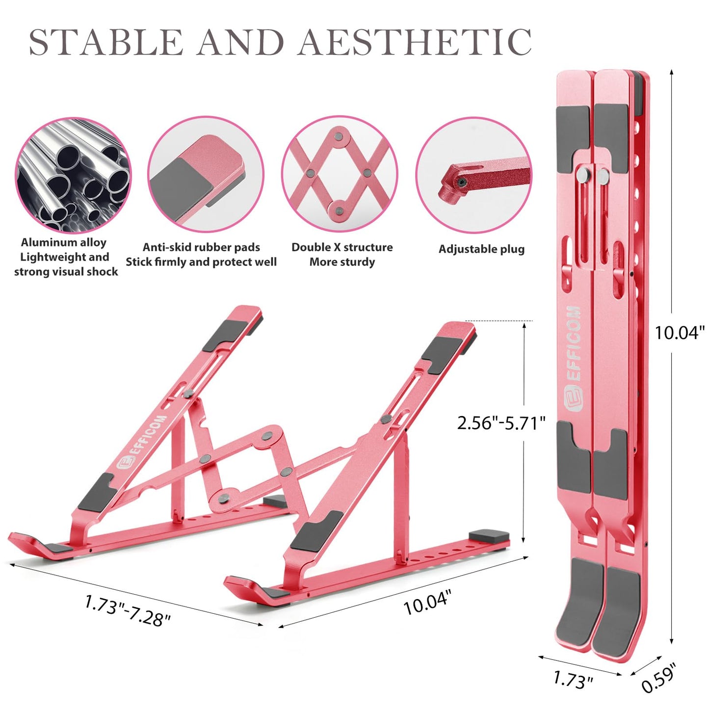 EFFICOM Laptop Stand for Desk, Ergonomic Lap Riser, Portable Laptop Stand, Aluminum Lightweight Foldable Notebook Support, Compatible with Laptop 10-15.6'' and Tablet, Phone (Pink)