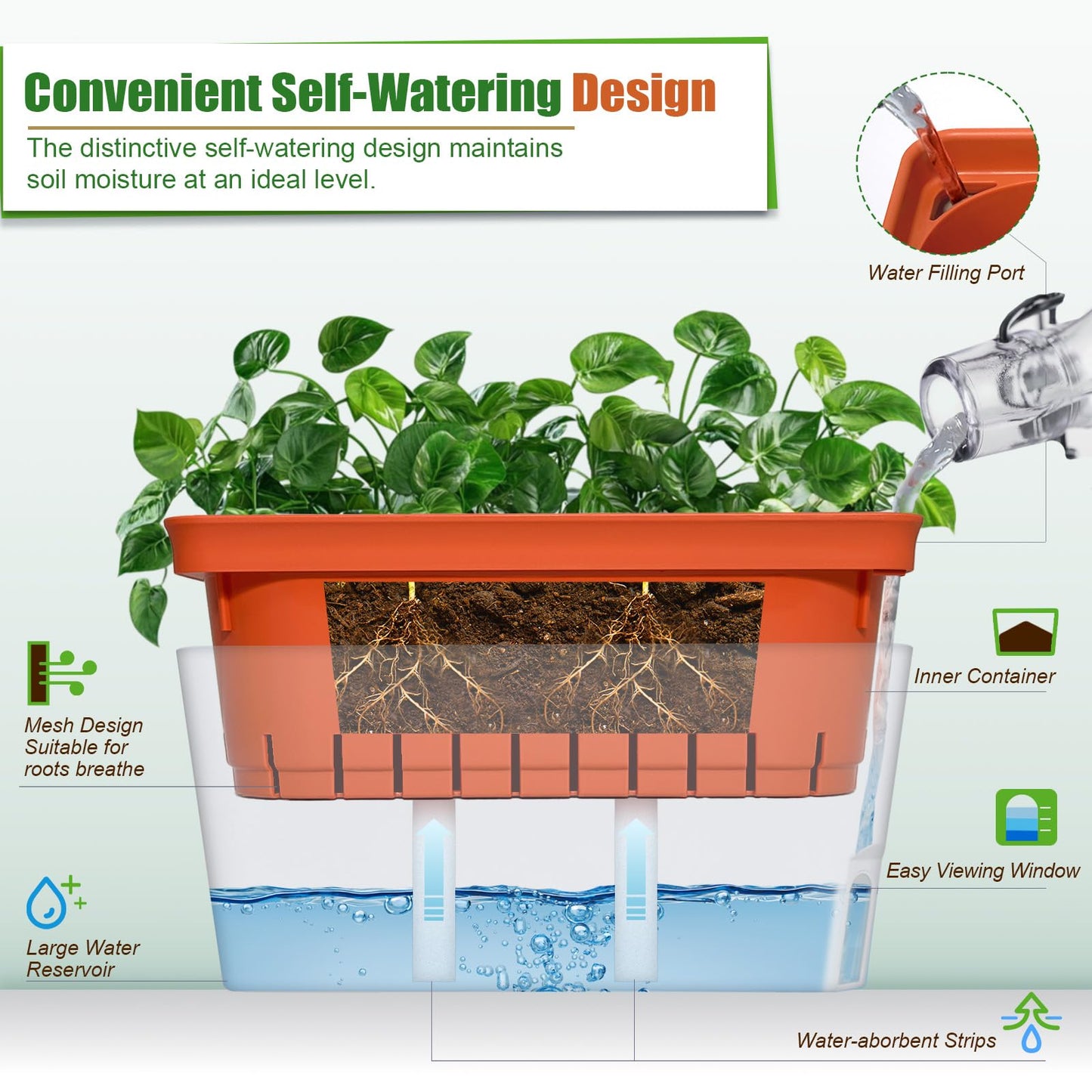 OurWarm 3 Pack Self Watering Herb Planter Set for Windowsill, 10.5In Indoor Herb Garden Planters with Water Level Indicator, Dual Layer Easy Care Pot for Basil, Flowers, Vegetables & Succulent
