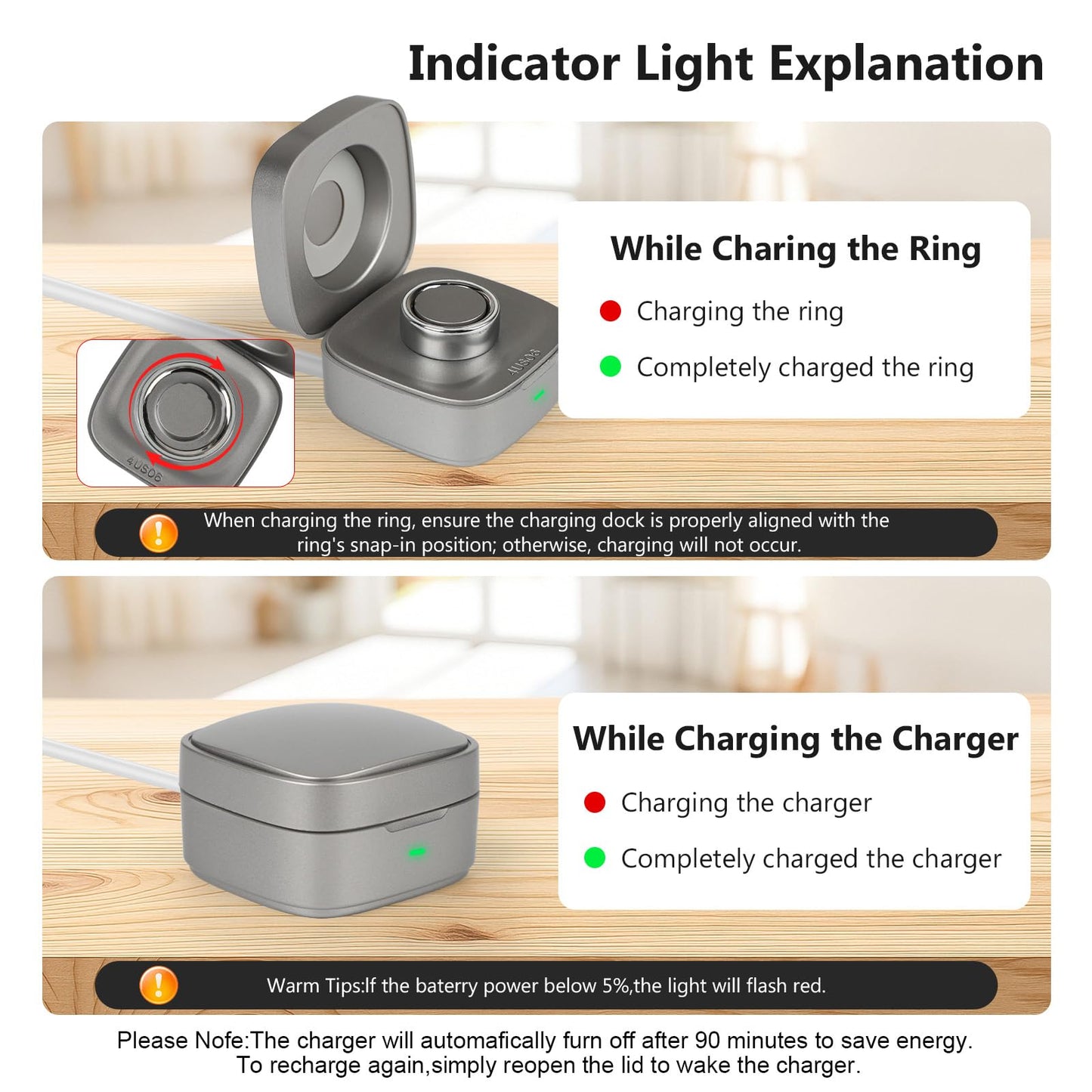 Wireless Charging Case Compatible with Oura Ring Gen 4 Charger Size 8, 600mAh Portable Travel Charging Box with USB-C Cable & Indicator Light, Essential for Smart Oura Ring 4 Users,Grey