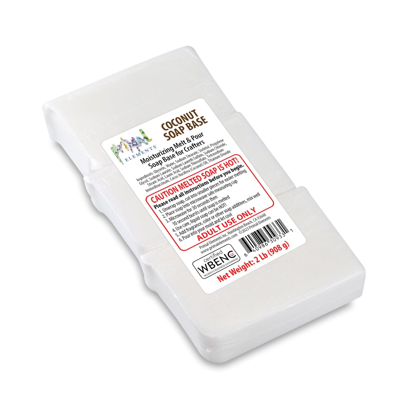 Primal Elements Coconut Oil Soap Base - Moisturizing Melt and Pour Glycerin Soap Base for Crafting and Soap Making, Easy to Cut - 2 Pound