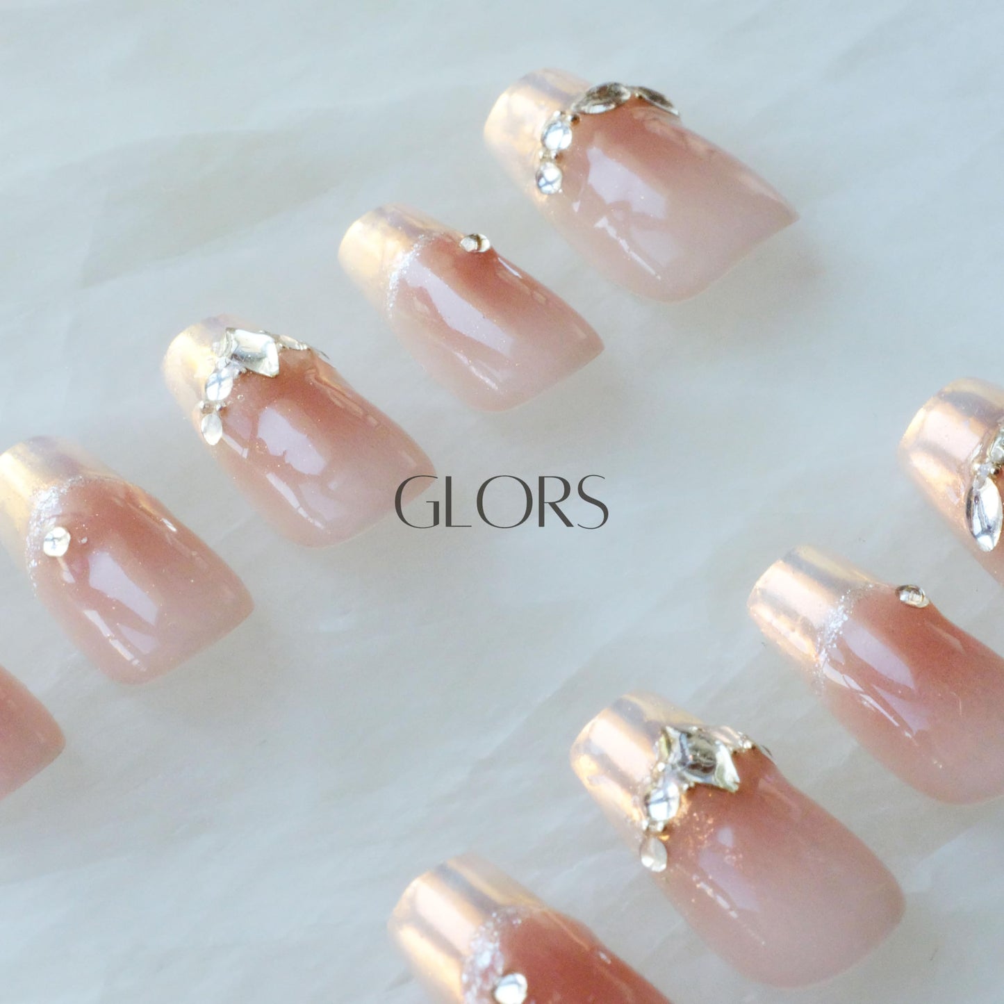 [GLORS] Purly Handmade Medium Ballerina Press on Nails | Moon Dream - French-style Pink Fake False Nail Tips with Diamond, 10 Pieces (Medium, MB)