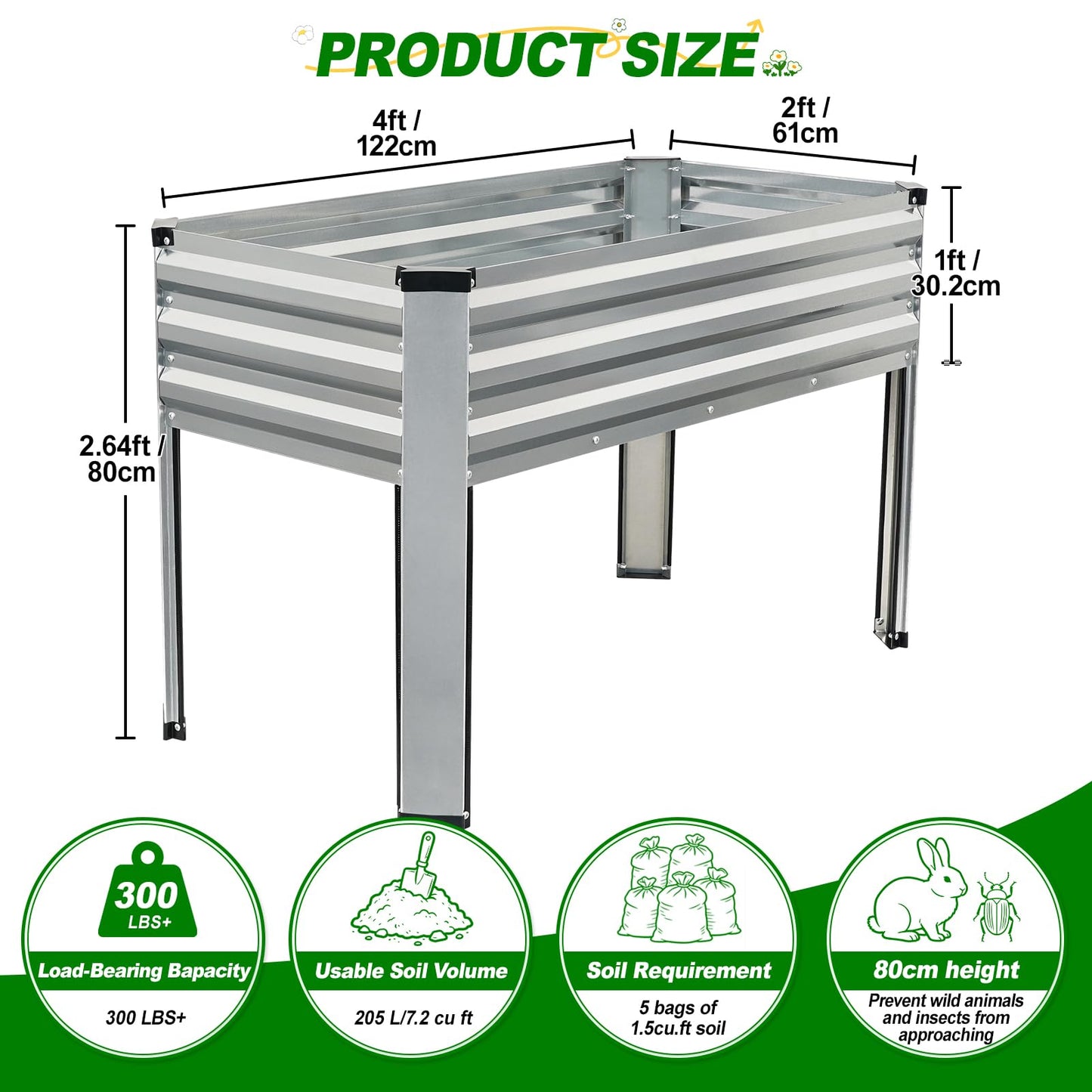 Galvanized Raised Garden Bed with Legs, 48x24x32in Elevated Raised Garden Bed Outdoor with Drainage Holes, Planter Boxes for Gardening Vegetable Flower Fruit in Backyard, Patio, Balcony (Silver)