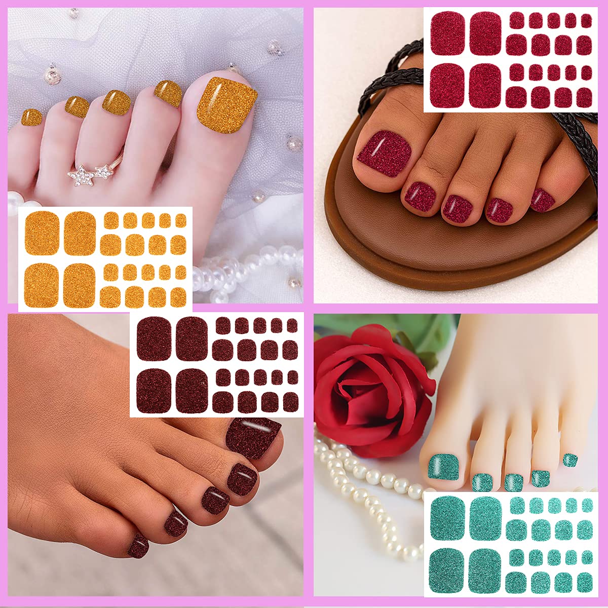 SILPECWEE 20 Sheets Toe Nail Wraps Glitter Solid Toenail Polish Strips for Women Toenail Stickers Gel Nail Strips Self Adhesive Toe Nail Stickers for Nail Art Accessories with Nail File