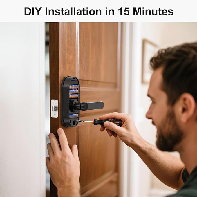 SMONET Smart Lock WiFi Door Lock with Handle: Keyless Entry Fingerprint Deadbolt Lever for Front Door Anti-peep Keypad Works with Alexa,APP Remote Control,Easy to Install,Black