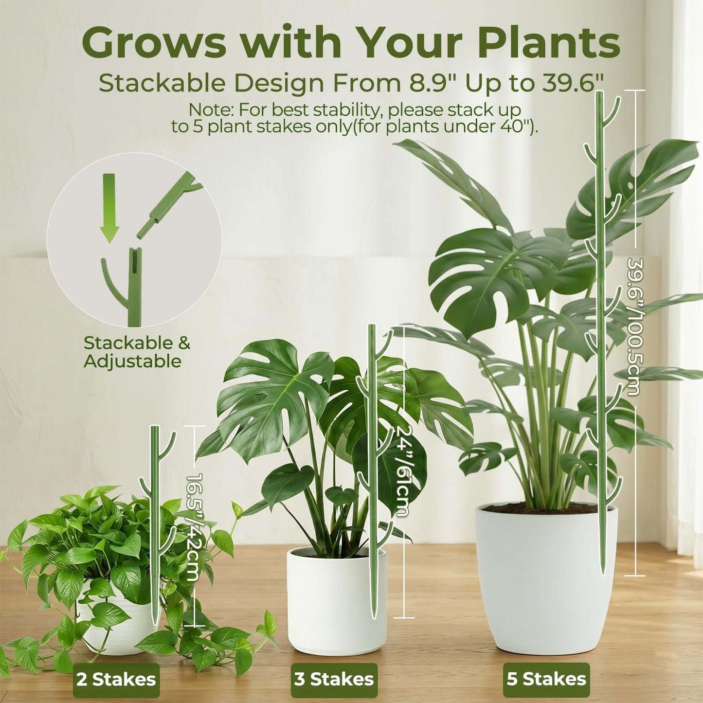 Heavy-Duty Monstera Plant Support Stakes - 10-Piece Stackable Sticks for Climbing Stem up to 39.6" Tall - 0.55" Thick Indoor Plant Poles & Outdoor Garden Structures