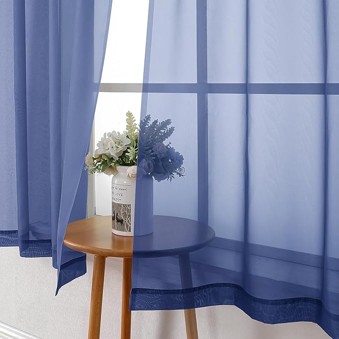Lecloud Royal Blue Sheer Curtains 36 Inch Length 2 Panels, Solid Voile Cafe Kitchen Curtains, Dual Rod Pocket Airy Gauzy Curtain Tiers for Bedroom, Each Panel 42 X 36 Inch