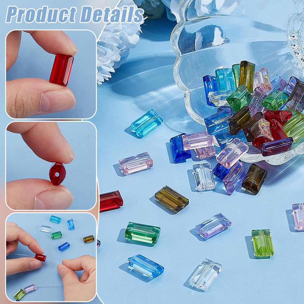 PH PandaHall 52pcs 13 Colors Faceted Glass Beads - Flat Rectangle Crystal Spacer Beads for DIY Jewelry Making, 14x8 mm