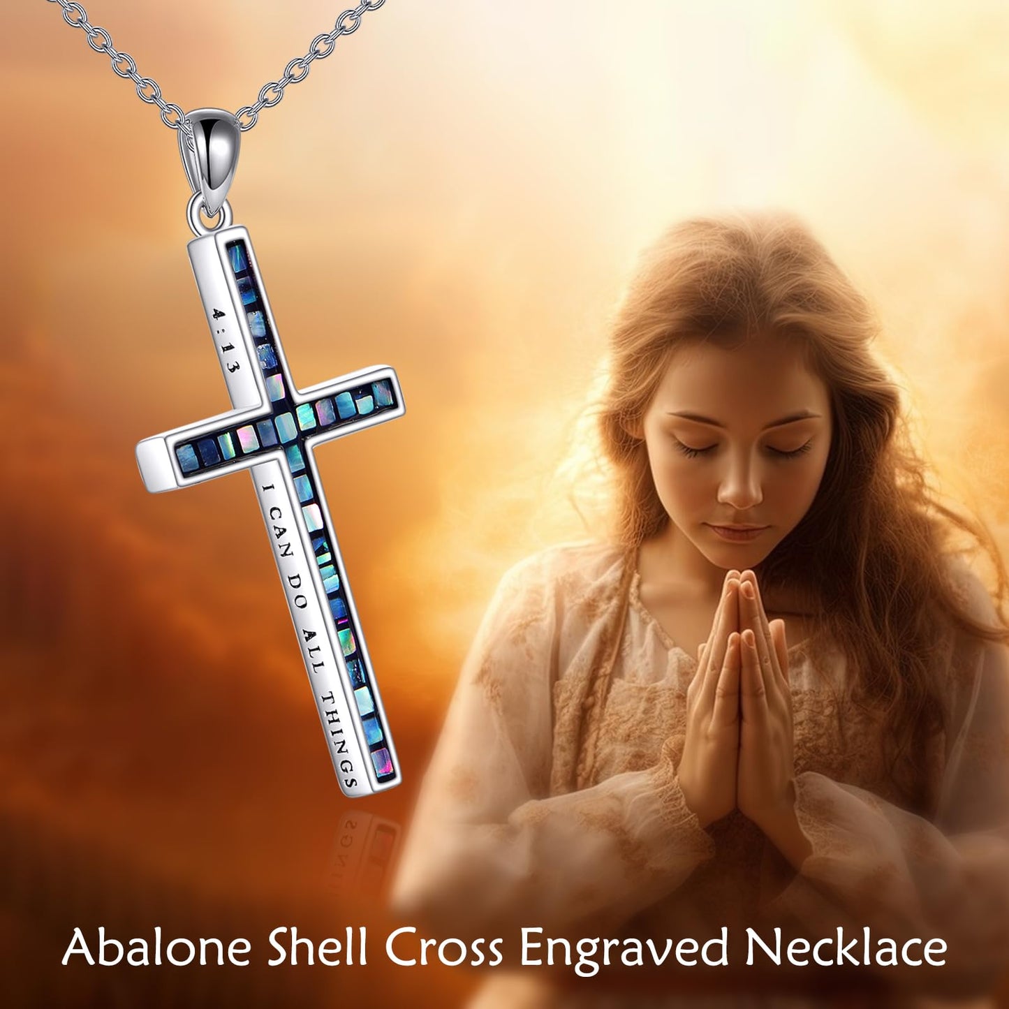 YFN I Can Do All Things Cross Necklace Sterling Silver Abalone Shell Cross Pendant Thin Cross Jewelry Gifts for Women Men