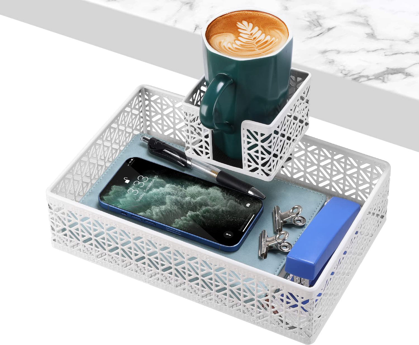 Aurynns Under Desk Drawer Organizer Clip-on Cup Holder Under Desk Storage Drawers Rotated Under Table Drawer for Desk Organizer Clamp Phone Holder Paper Drawer (White)
