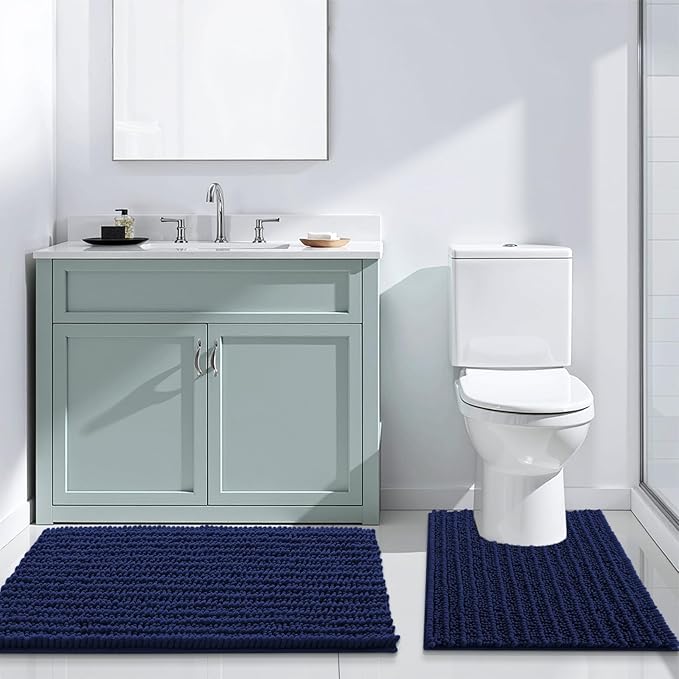 Arotive Luxury Chenille Bathroom Rug Mat, Extra Soft Thick Absorbent Shaggy Bath Rugs, Non-Slip Machine Wash Dry, Plush Bath Mats for Bathroom, Shower and Tub, 34x21, Navy