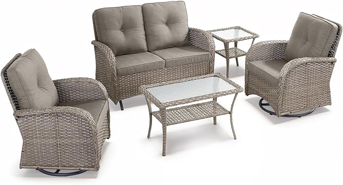 HUMMUH Patio Furniture Wicker Outdoor Furniture Sets High Back Outdoor Glider Bench with Patio Swivel Chairs Patio Conversation Sets for Deck Lawn Porch Balcony Poolside-Grey/Grey