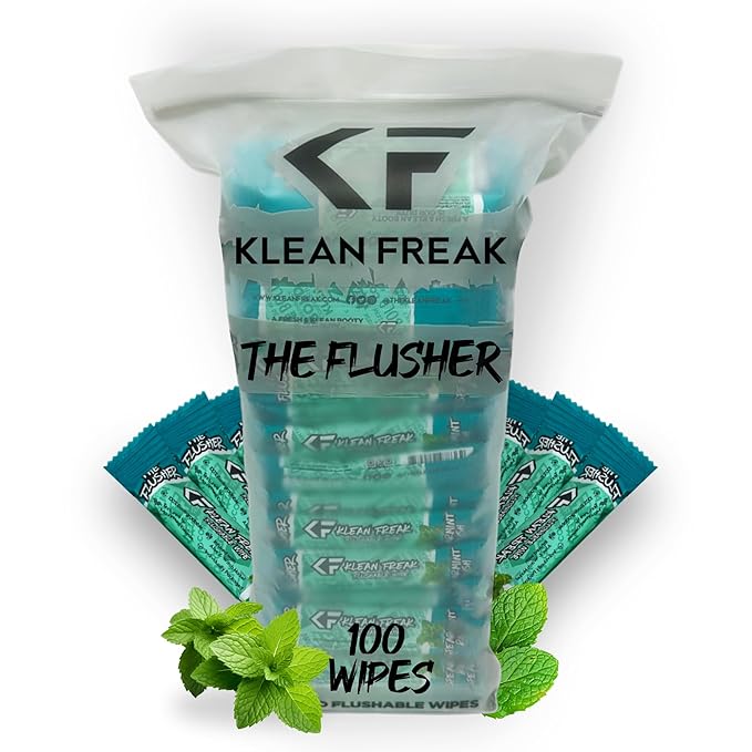 THE KLEAN FREAK FLUSHER - 100 Pack FLUSHABLE WIPES Flushable Wipes For Adults & Kids Unscented/Scented - 100% BIODEGRADABLE Individual Wrapped Travel WET Wipe for Toilet - Spearmint Rush