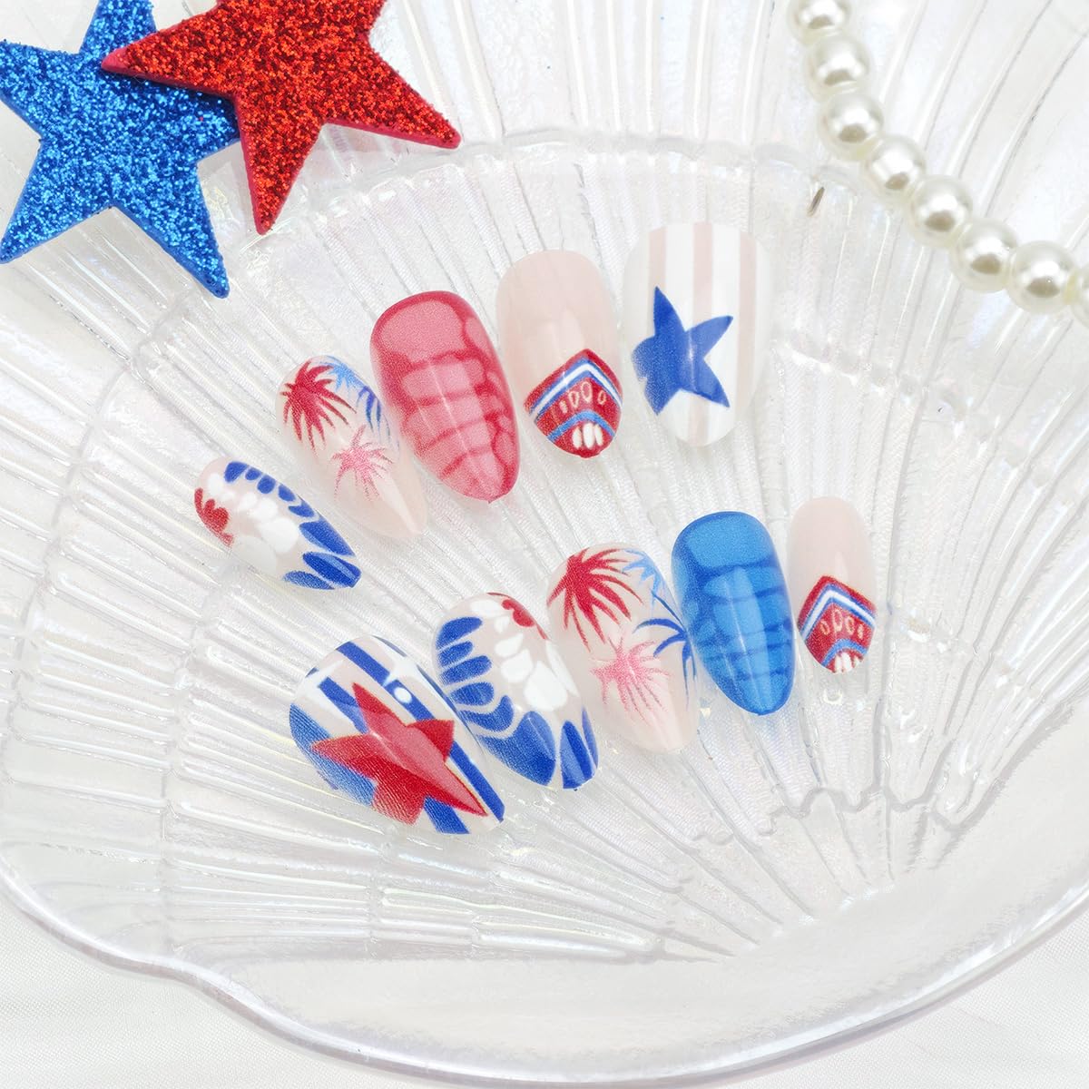 24Pcs Independence Day Press on Nails Short Almond Fake Nails Red White Blue Firework Star with Hand-Painted Palm Tree Summer Designs 4th of July False Nails Glue on Nails for Acrylic Manicure Salon