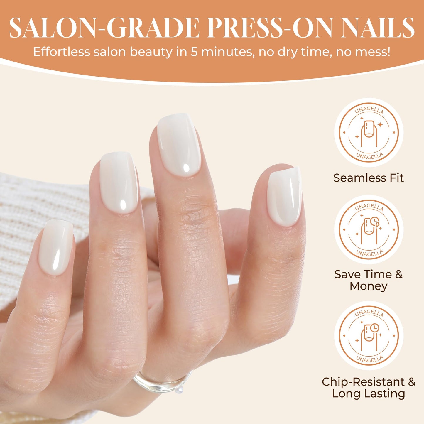 UNA GELLA Press On Nails Short: Chrome White Soft Gel Press Ons Kit with Nail Tips Glue on Nails, 16 Sizes - 32 Reusable Chrome Holographic Fake Nails Kit, Nude White