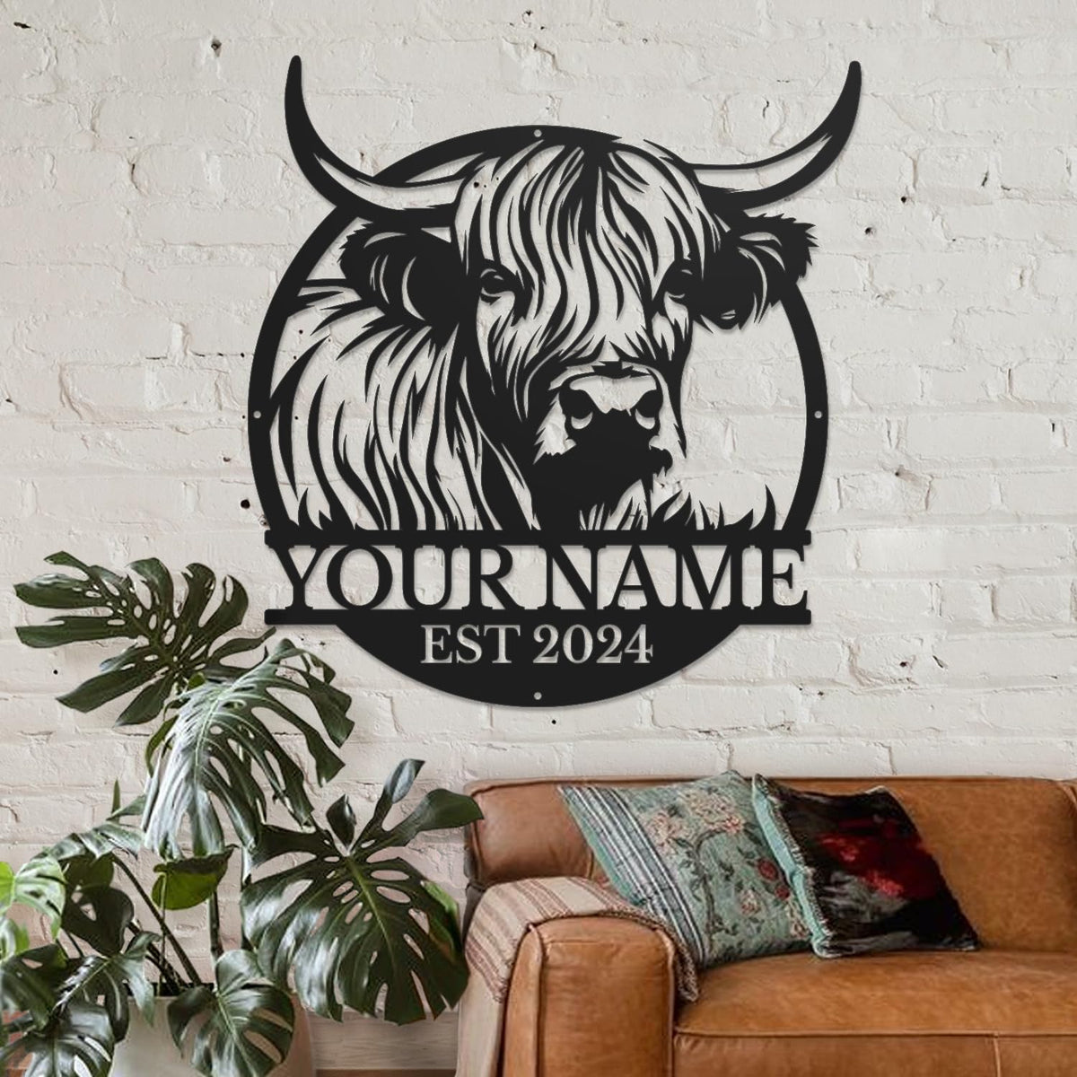 Personalized Highland Cow Name metal Signs,Custom Highland Cow Metal Shed Wall Decor,Black Metal Wall Art Plaques Outdoor wall Decorative Signage (Style F)