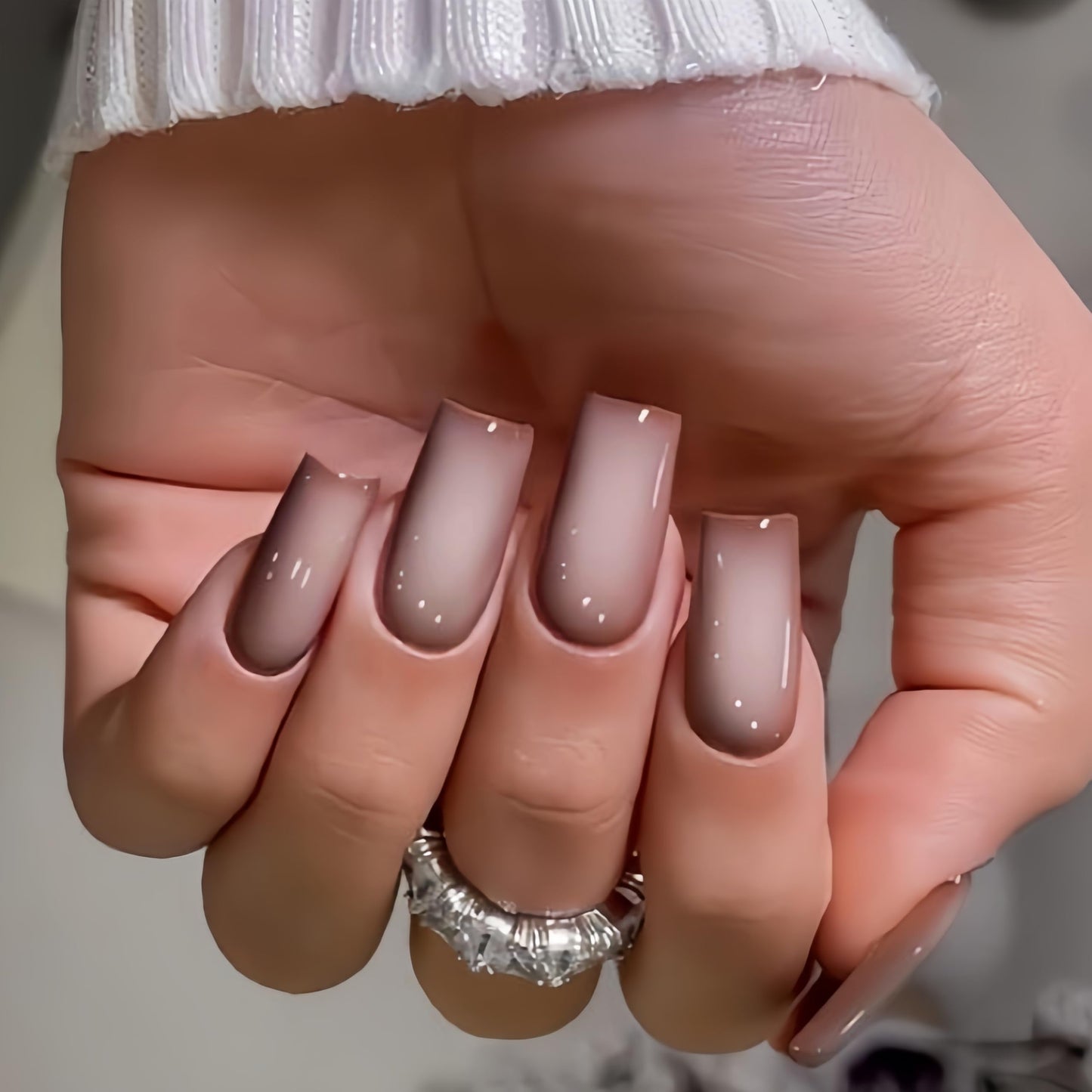 KQueenest Ombre Brown Press on Nails Long Square Shaped Gradient White French Fake Nails Press Ons, Natural Gel Square Tips - 24 Pcs Medium Coffin Acrylic False Nails Set for Women Fall Winter Wear