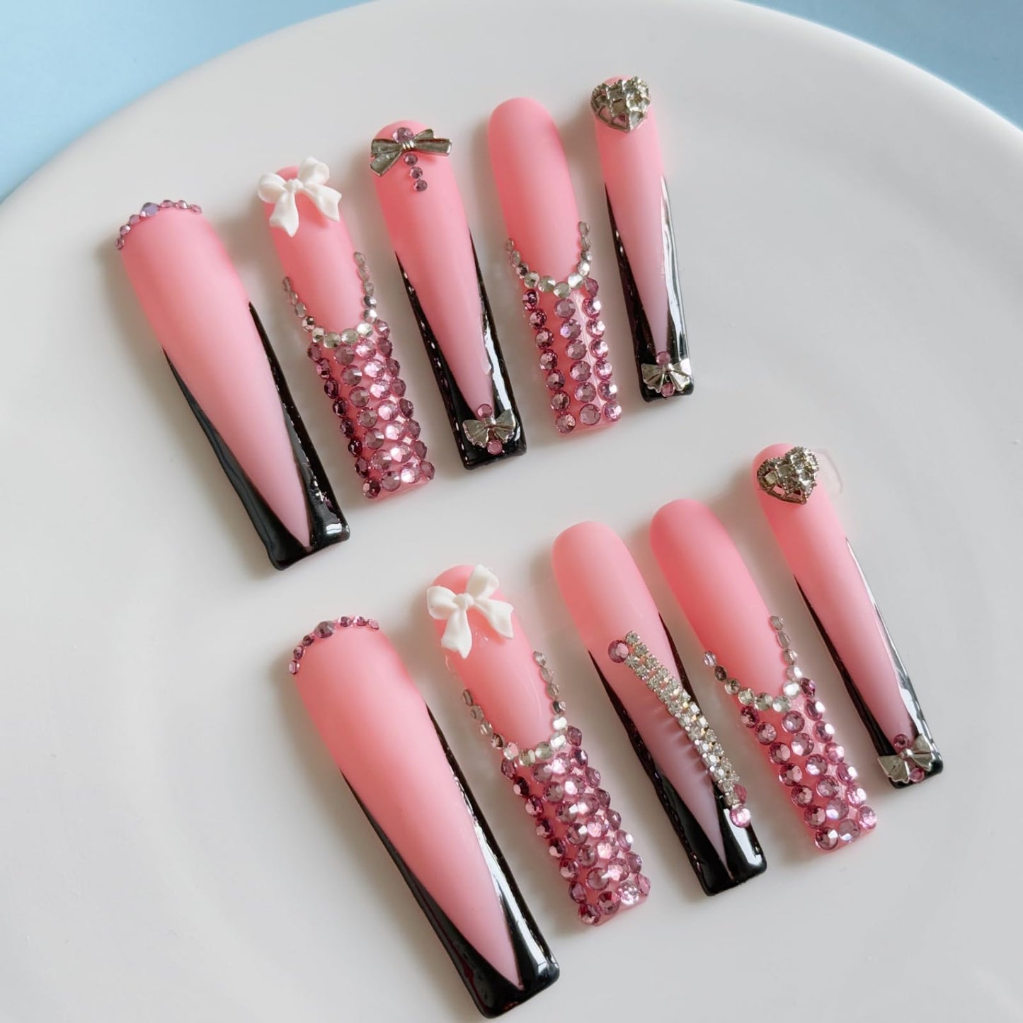 Haozerart Extra Press On Nails Handmade XXL Long Square Press ons Black V French Tip with Bow & Luxury Rhinestones, 10 Pcs M Size Nail Kit for Women