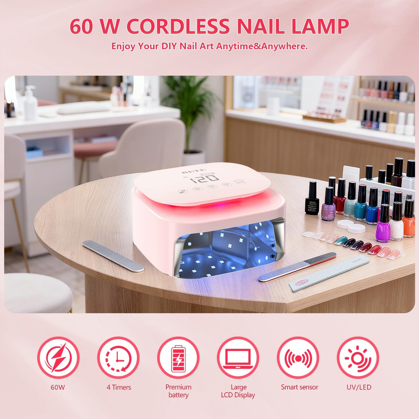 BETE 60W Cordless UV LED Nail Lamp - Rechargeable Gel Polish Dryer with Auto Sensor, 30 Beads & 4 Timer Settings Portable for Home/Salon Pink