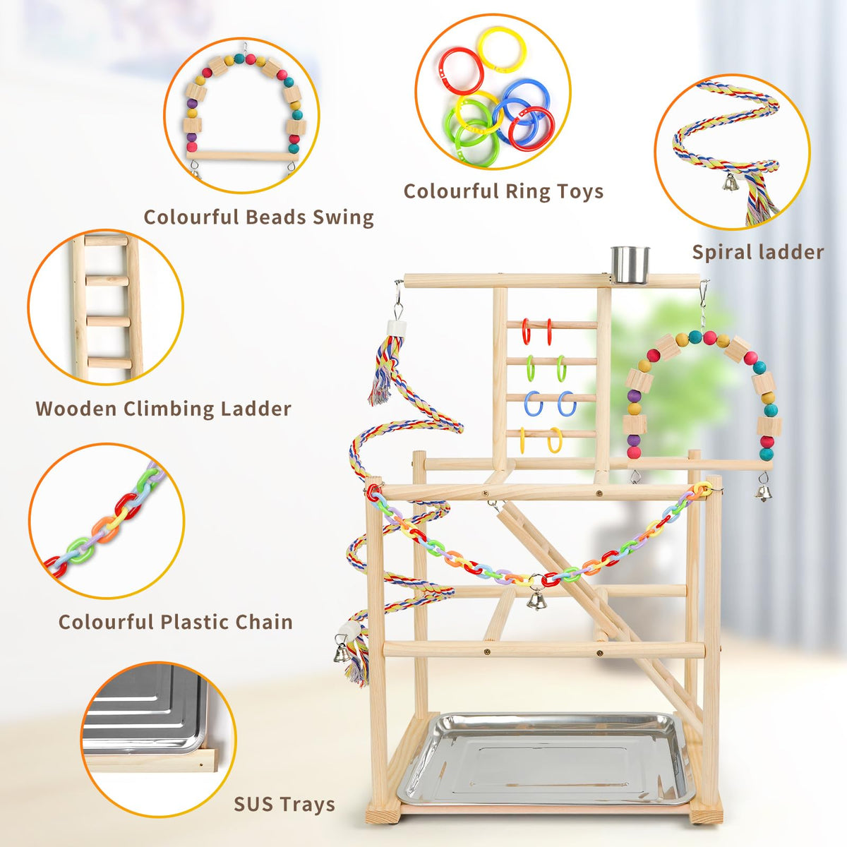 HPAWHOMEPART Bird Playground, Parrots Playstand for Small to Medium Birds, Perch Stand with 3 Ladders Playgym with Rope Perch, Swings Feeder Cups Bird Cage Accessories for Conure Cockatiel Lovebirds