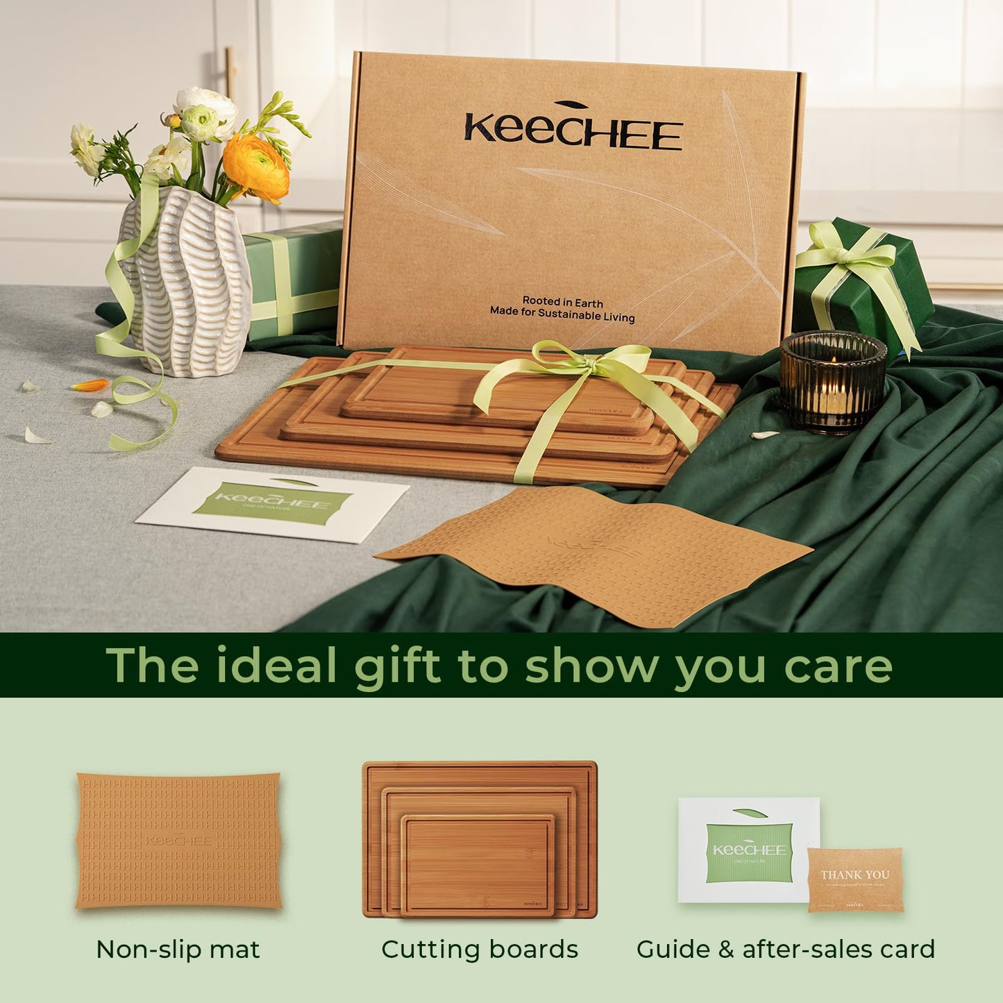 Keechee 2Pcs Cutting Board Set with Non-slip Mat, Bamboo Cutting Boards for Kitchen Meal Prep & Serving - Wood Serving Board Sets with Deep Juice Groove Ideal Kitchen Gifts