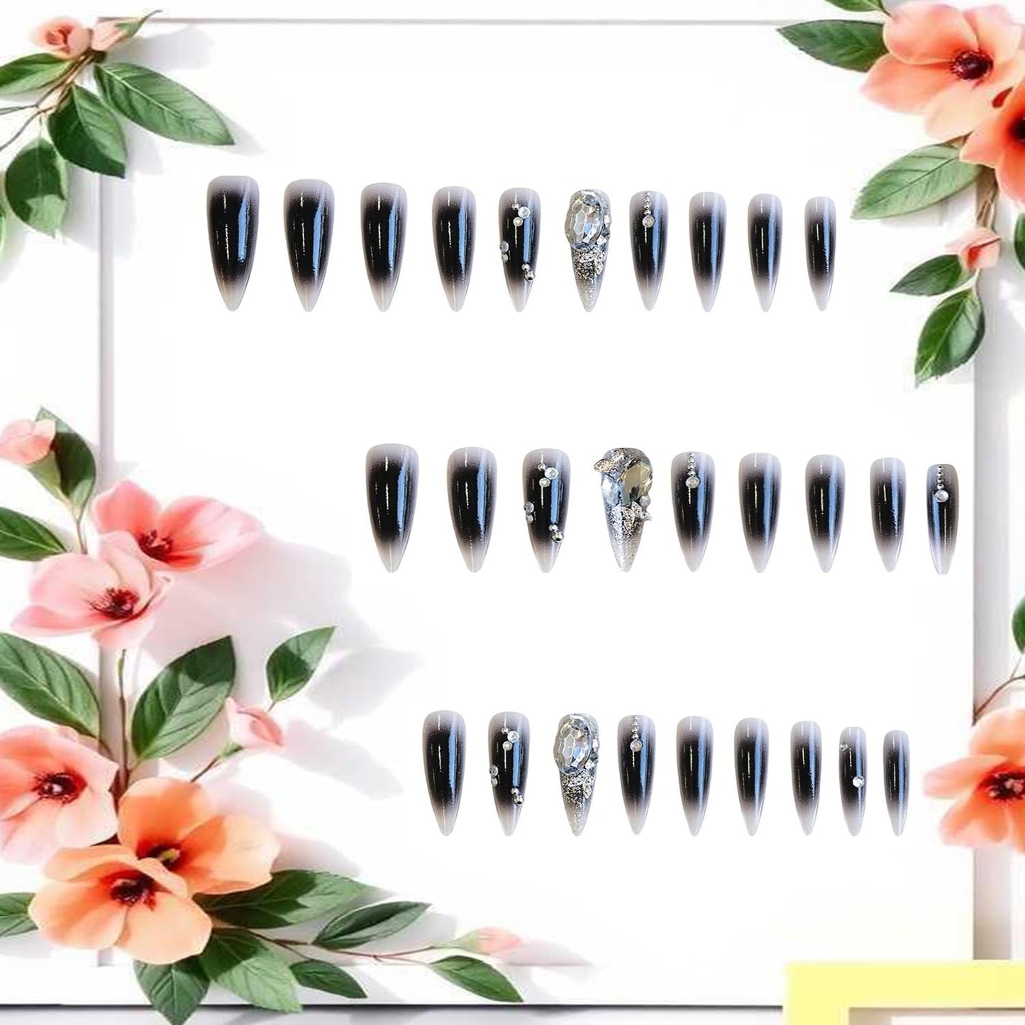 CJDLTS Almond Tip Press on Nails Long Length Glitter Diamond Design Black Gradient Acrylic False Nail Full Cover Artificial Stick on Nail 24Pcs Reusable Press Ons Glue on Nails for Women