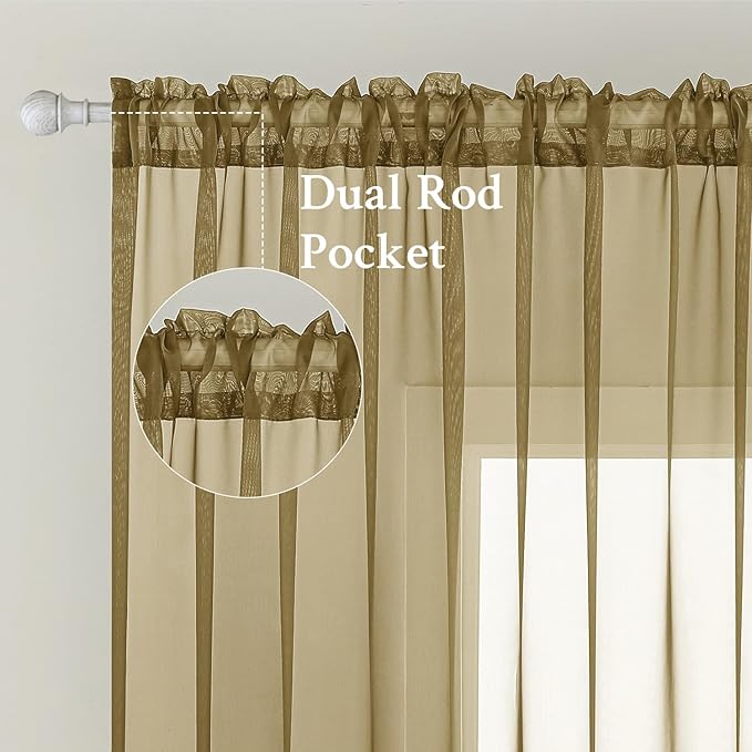 MIULEE Dark Gold Sheer Curtains 84 Inches Long 2 Panels, Light Filtering Voile Drapes with Rod Pocket for Bedroom and Living Room Windows