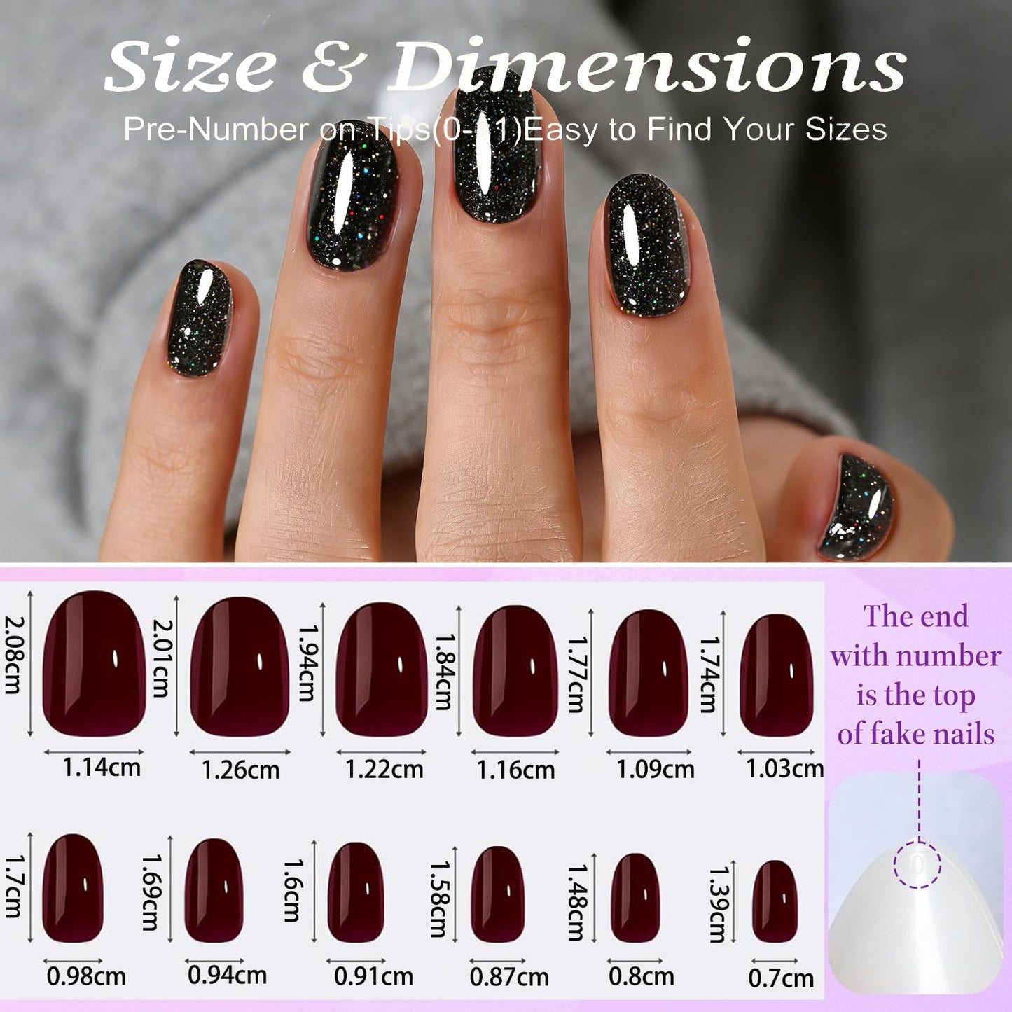 Black Press On Nails Oval Glitter -Short Press On Nails with Nail Glue, Fit Perfectly & Natural Reusable Stick On Nails in 12 Sizes - 24PCS Soft Gel Glue On Nails Kit