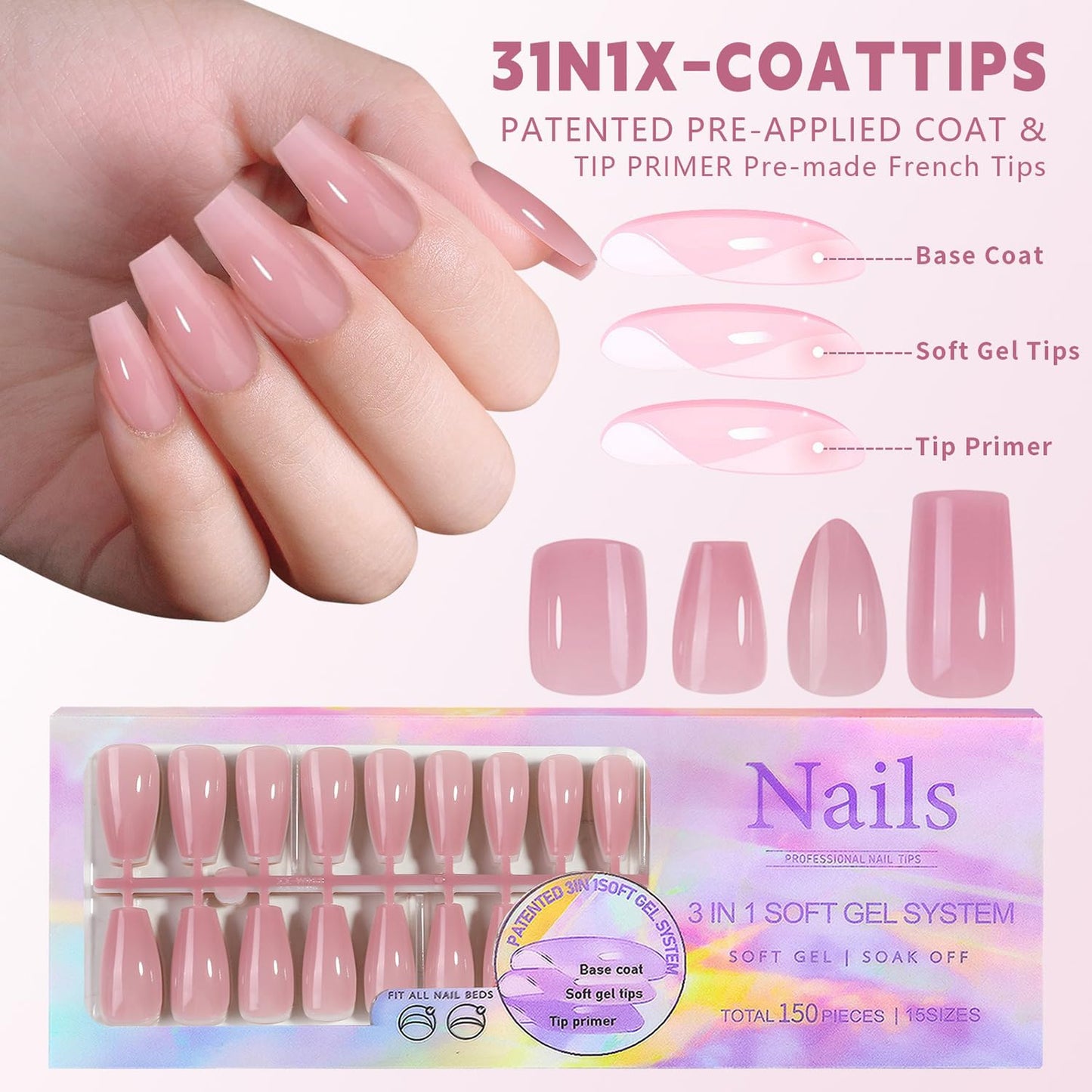 OFDNE Press on Nails Coffin 5 Colors Soft Gel Nail Tips 150pcs Full Cover Natural Long Lasting Fake Nails Extensions for Easy DIY Nail Art