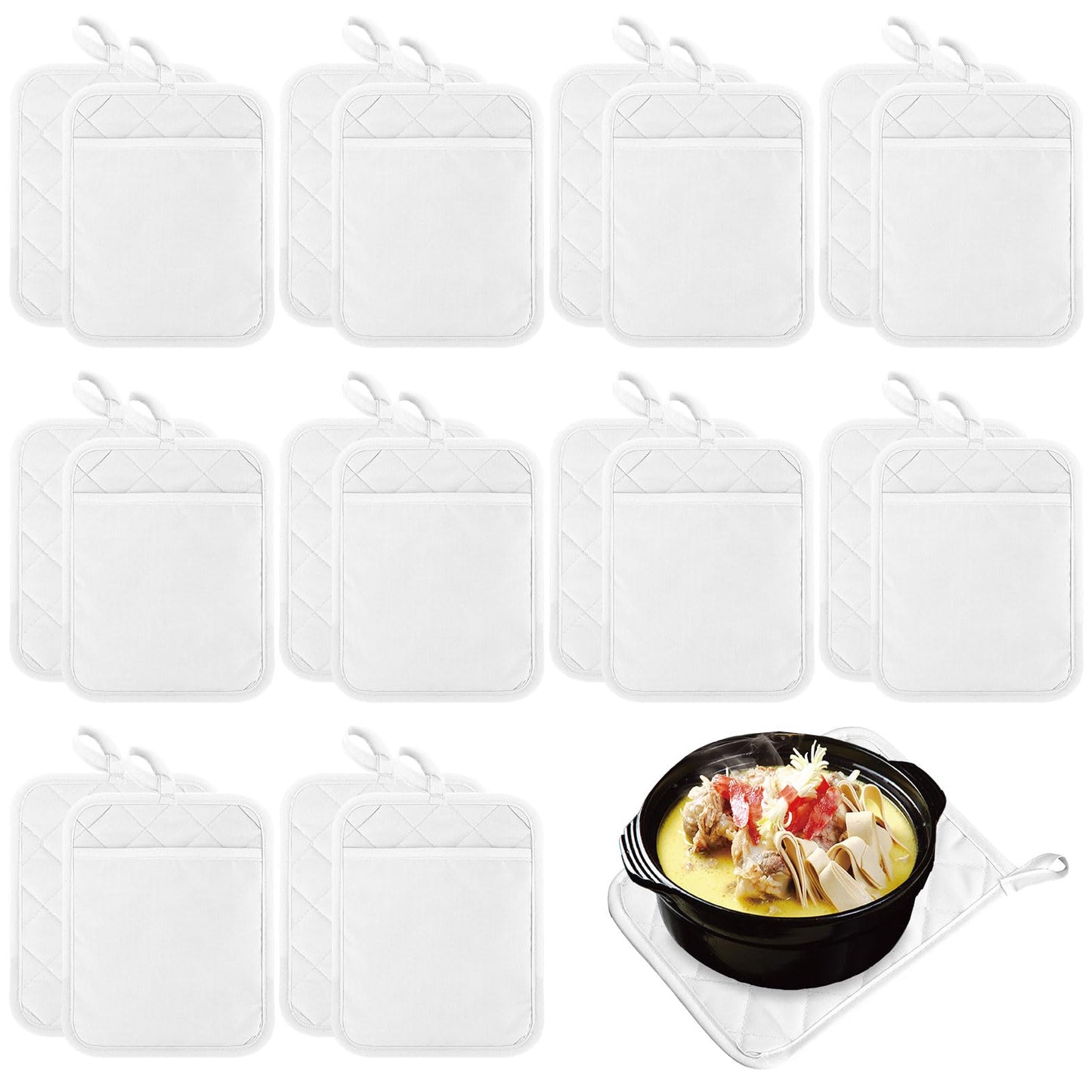 Hoolerry 10 Pieces Pot Holders with Pocket Sublimation 7x9'' Cotton Oven Pot Holders Bulk with Hanging Loops Pads for Kitchen Cook Baking (White)