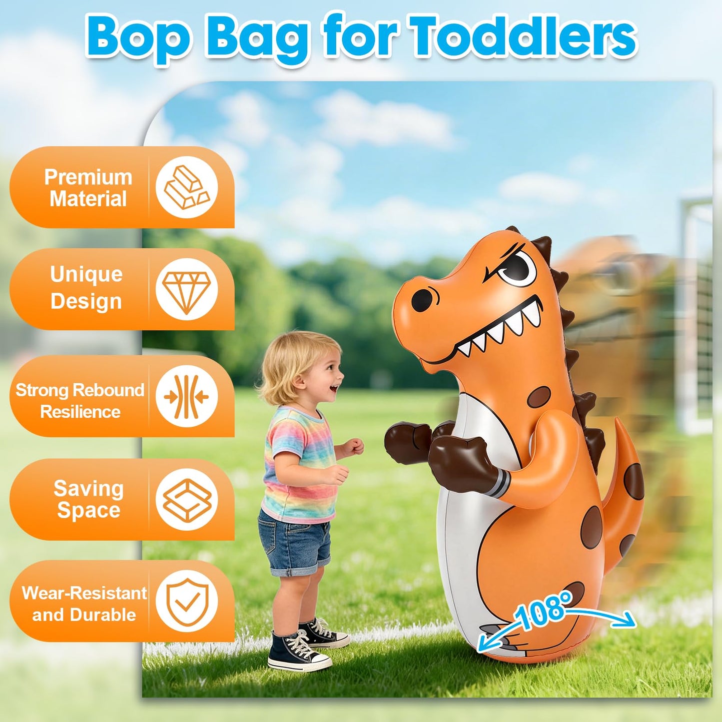 Inflatable Dinosaur Punching Bag for Kids, 47" Toddler Blow up Punching Bag for Ages 3-14, Children Bop Bag Toys & Gifts with Bounce-Back Action