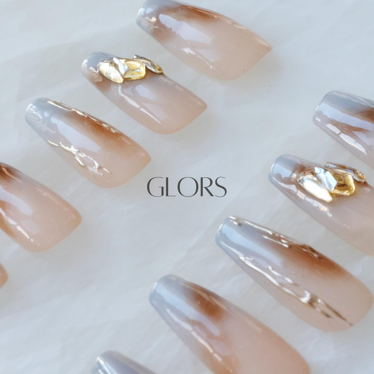 GLORS Ombre Press On Nails, Long Ballerina Style, Nude to Gray with Gold Accent, Handmade False Nail 10 Pieces (Small,LB)