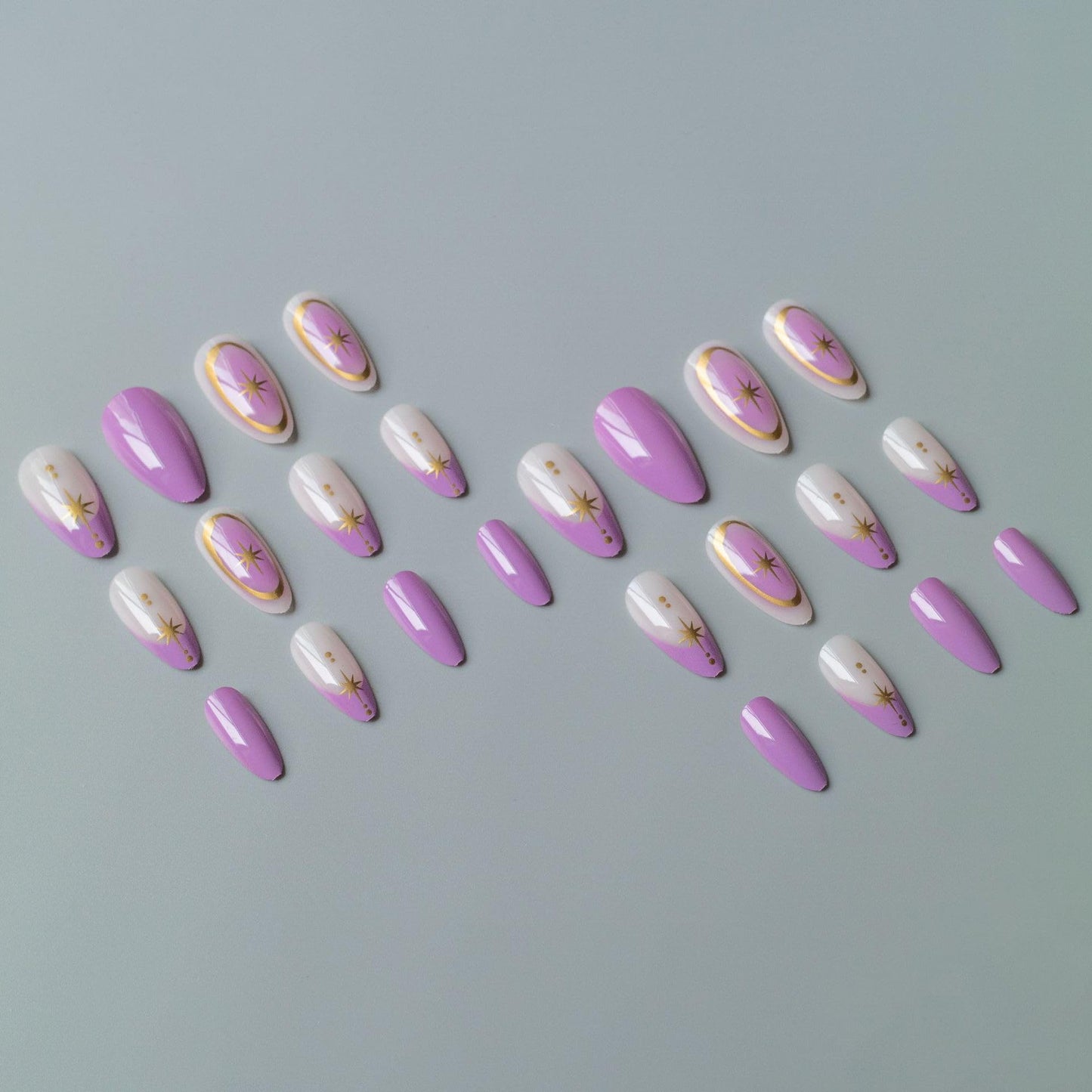 24pcs Almond Press On Nails Medium Fake Nails Gradient With Gold Star Design French Tip False Nails Purple Acrylic Nails Full Cover Artificial Glossy Glue On Nail Stick On Nail For Women
