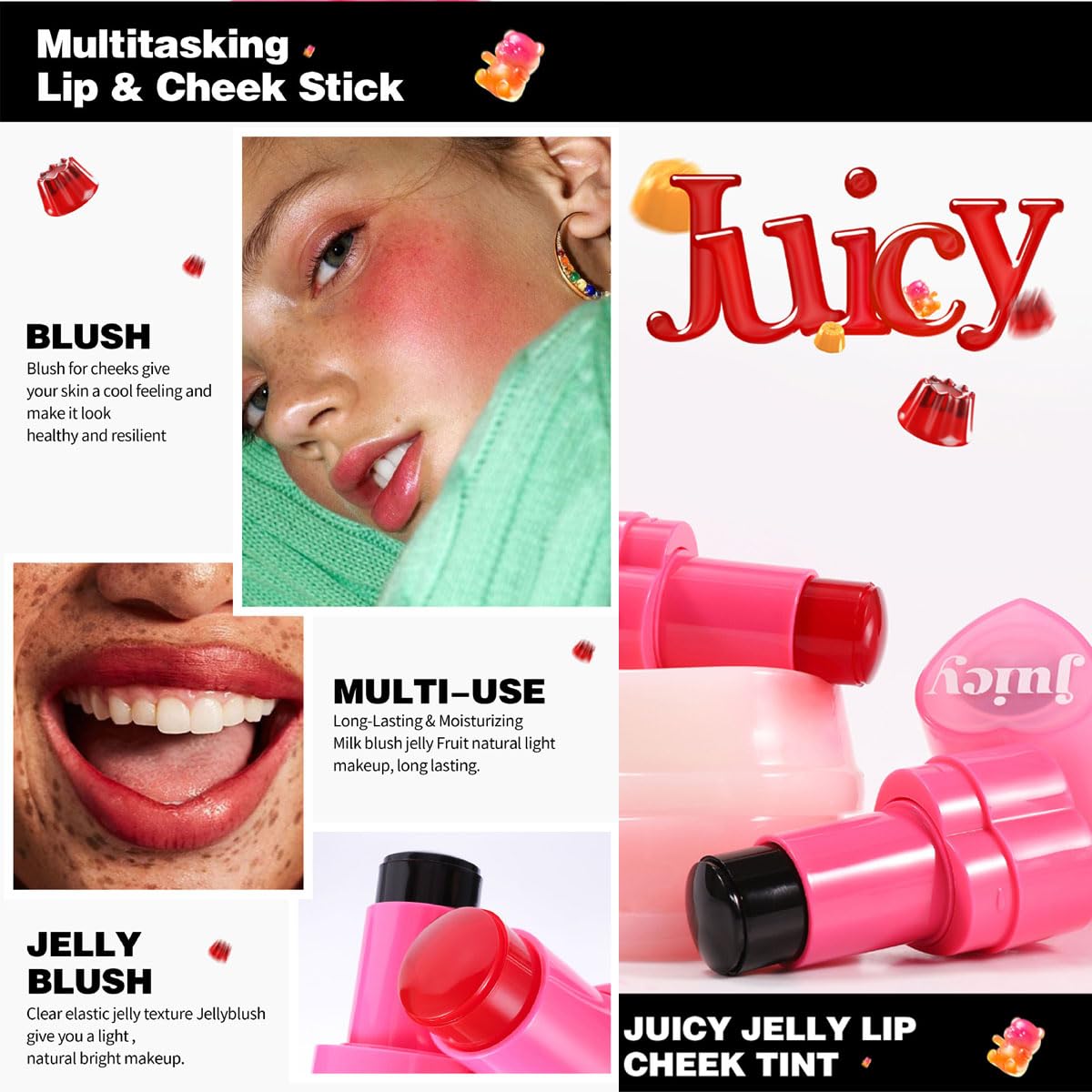 Cooling Water Jelly Tint Stick，Multi-Use Juicy Love Blush, 3-In-1cheek Blush & Eyeshadow & Lip Tinted Long-Lasting Moisture Stick，Bouncy Jelly Texture，Creates A Moist Watercolor Effect (#07, 0.32oz)