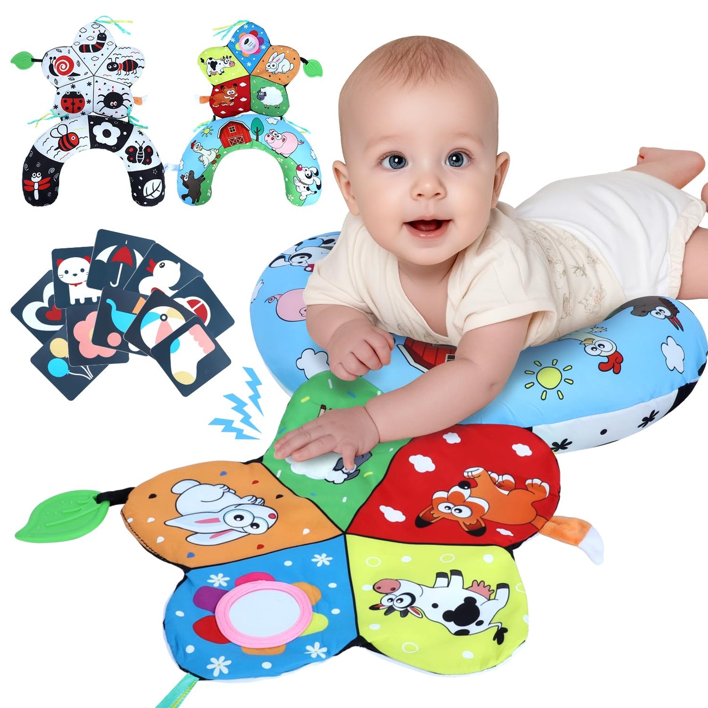 Tummy Time Pillow, High Contrast Tummy Time Mat with Black & White Flash Cards, Double-Sided Tummy Time Cushion with Mirror & Teether Sensory Toys, Baby Toys for Infant Newborn 0-12 Months Babies