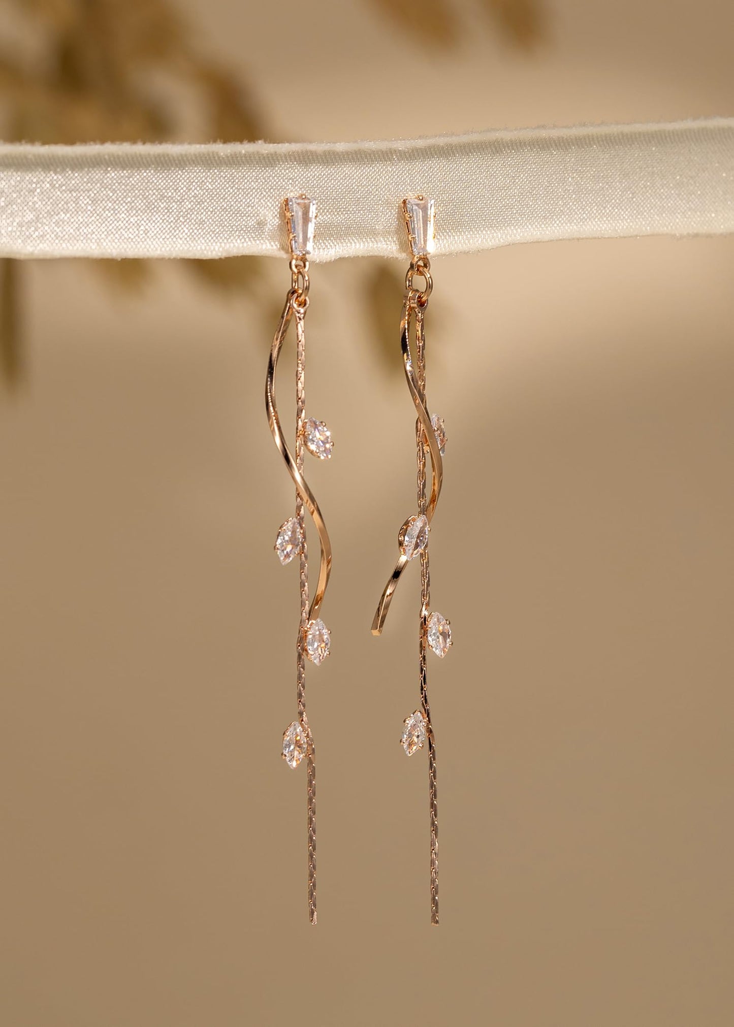 PRTGL Dangle Earrings for Women - 14K Rose Gold Plated Long Twist Tassel Dangle Earrings with Tiny Cubic Zirconia