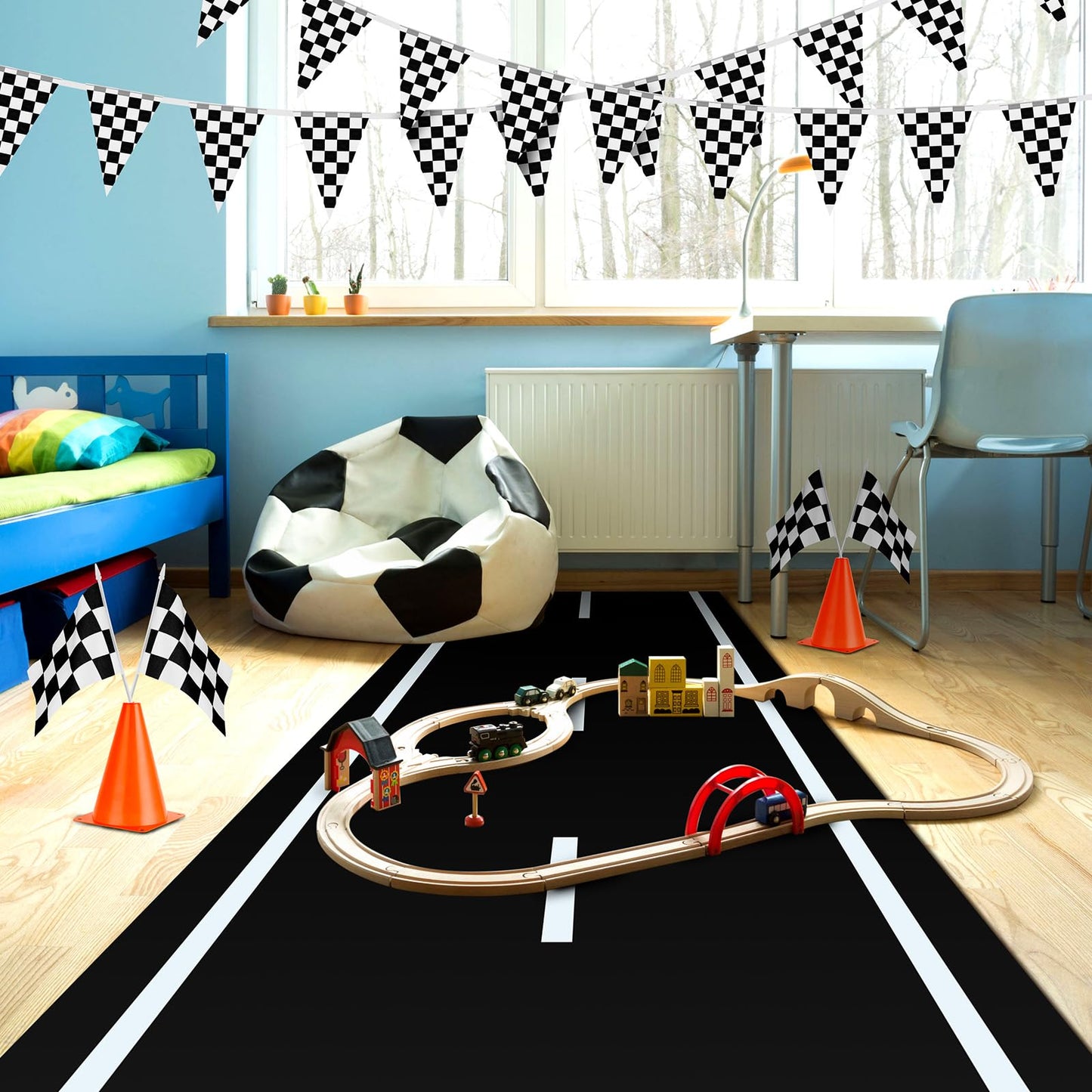 Remagr Racetrack Floor Running Black Racer Party Decoration Mat Road Table Runner Long Racetrack Tablecloth Drag for Party (Simple Style,118 ft X 2 ft)