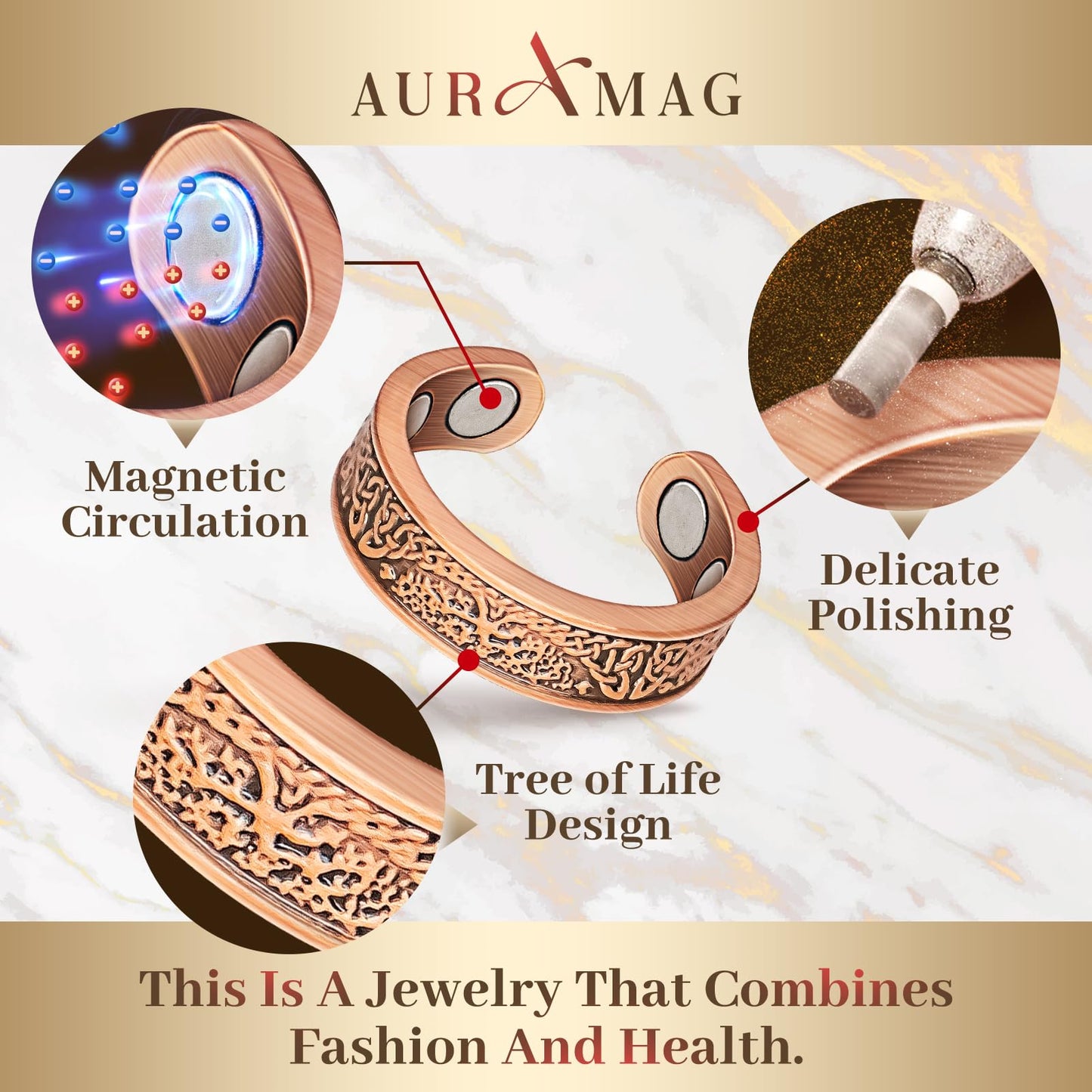 Auramag Copper Rings for Women, Lymphatic Drainage Ring 100% Pure Copper Thumb Rings with 3500 Gauss Magnets, Adjustable Jewelry Gift (2 PCS)