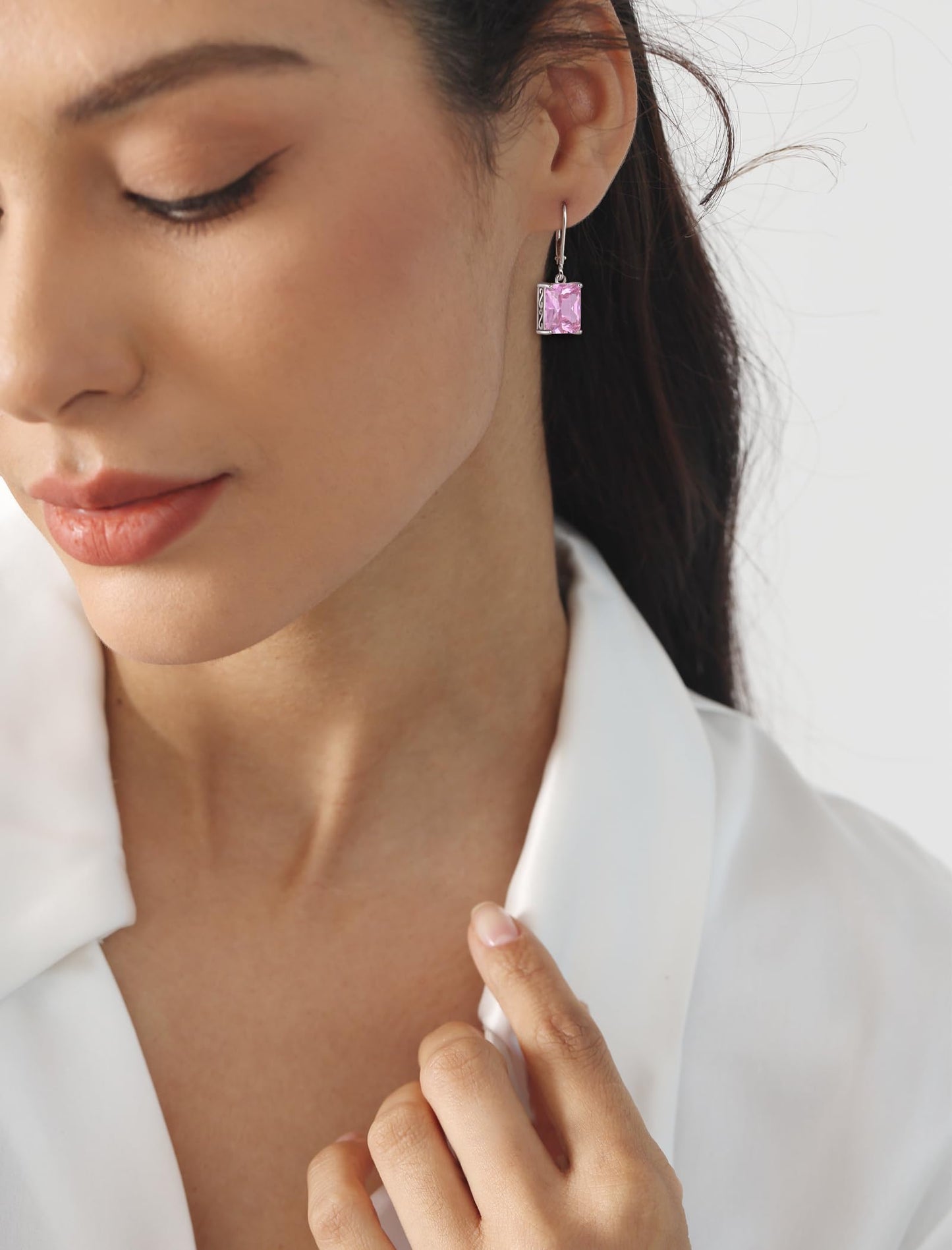 YL Solitaire Dangle Drop Earrings 925 Sterling Silver Leverback Earrings 8X10MM Square Created Pink Tourmaline Jewelry