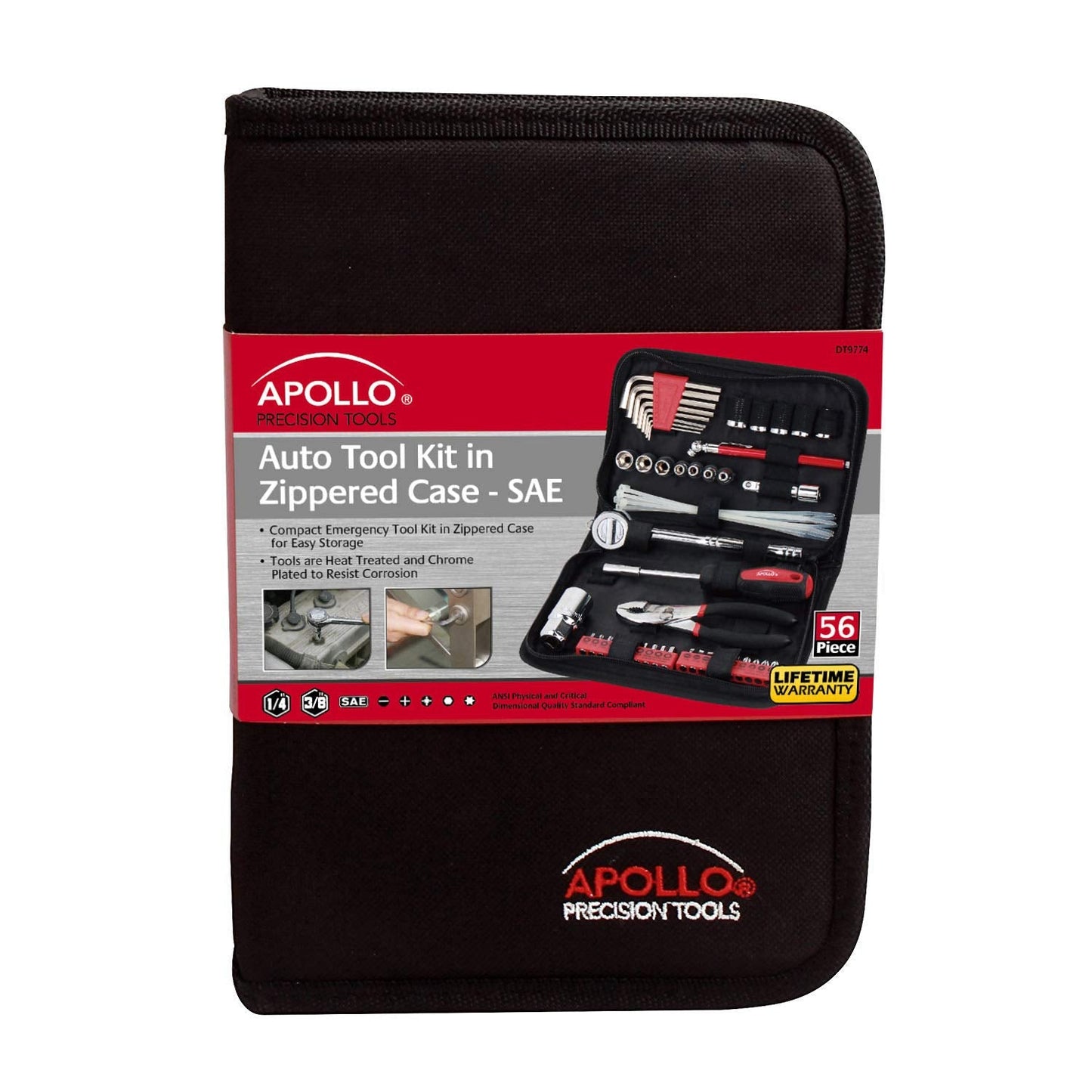 Apollo Tools 56 Piece Compact SAE Auto Tool Set in Zippered Case, Small Mechanic Tool Set for Car Emergency, Motorcycle Repair on the Road, Great for Travel Tool Needs - Red - DT9774