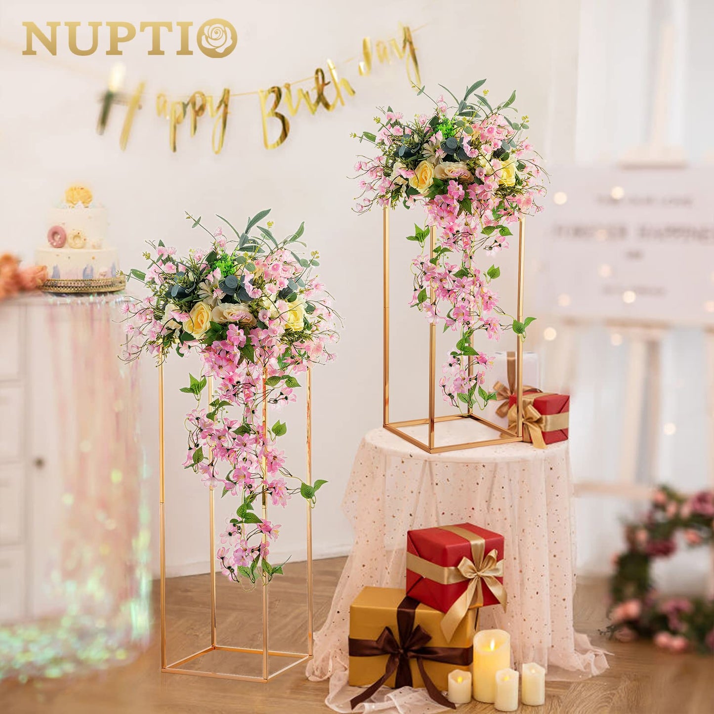 NUPTIO 2 Pcs Metal Flower Floor Vase Column Geometric Centerpieces Flower Stand for Tables, 31½ inch Tall Gold Flower Holder for Home Party Wedding Decorations, Rectangular Display Rack