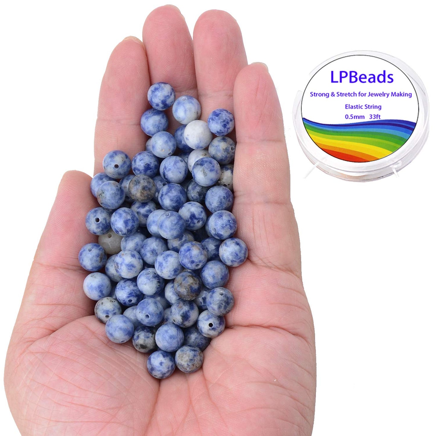 LPBeads 100PCS 8mm Natural Blue Spot Jasper Gemstone Round Loose Beads for Jewelry Making with Crystal Stretch Cord