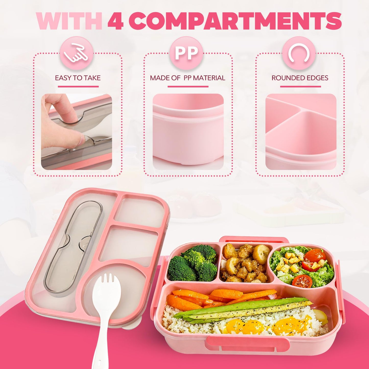 EASYFUN Bento Box Adult, Lunch Box, 4-Compartment Lunch Containers, Drop-Proof, Dishwasher Safe & Made with BPA-Free Materials (Pink)