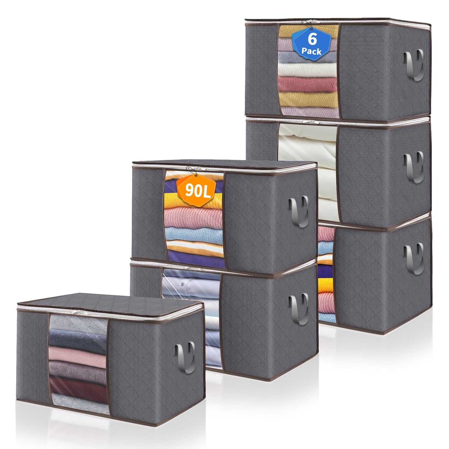 90L Clothes Blanket Storage Bags, 6 Pack Under Bed Storage Bins with Lids, Foldable Closet Organizer with Reinforced Handles for Clothing, Blanket, Comforters, Bed Sheets, Pillows and Toys, Gray