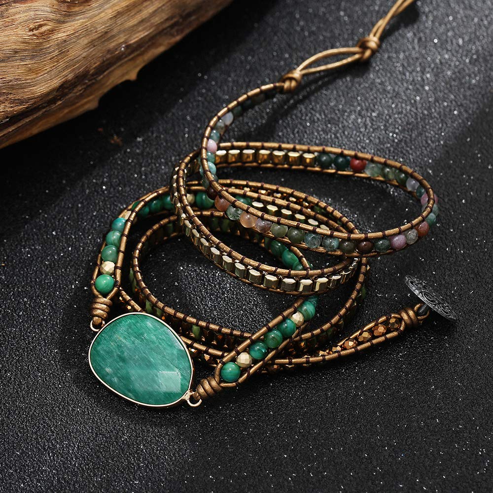 Plumiss Boho Handmade Green Aventurine Stone 5 Wrap Bracelets Natural Stone Beaded Multiple Strand Bracelet Jewelry