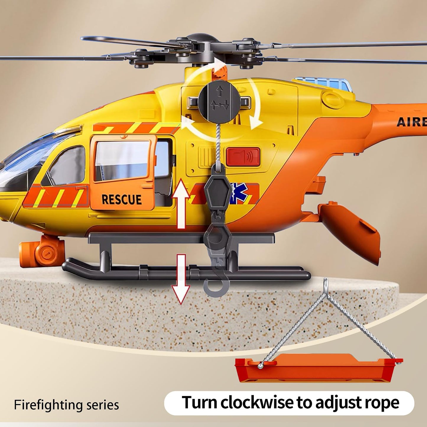 XUEXUE Large Rescue Helicopter Toy 15 Inch, Yellow Emergency Helicopter with Crane & Hanging Tray, Lights and Sounds, 112 Rescue Sign, Helicopter Toys for Kids 3-7, Birthday Gift
