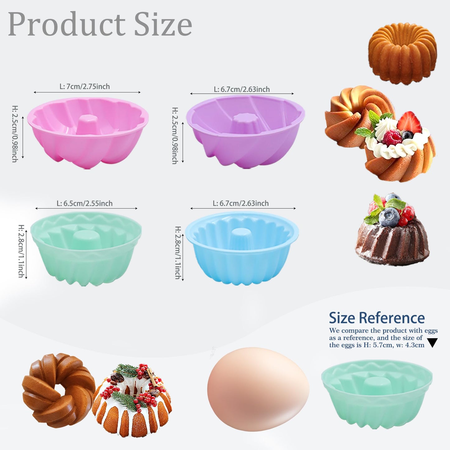 Tongjude 48 Pieces Donut Mold, 2.75" Diameter 0.98" Deep Mini Reusable Baking Cups, Non-Stick, 4 Shape Silicone Molds, Heat Resistant Bakeware for Bagel, Muffin, Jello and Cake Baking