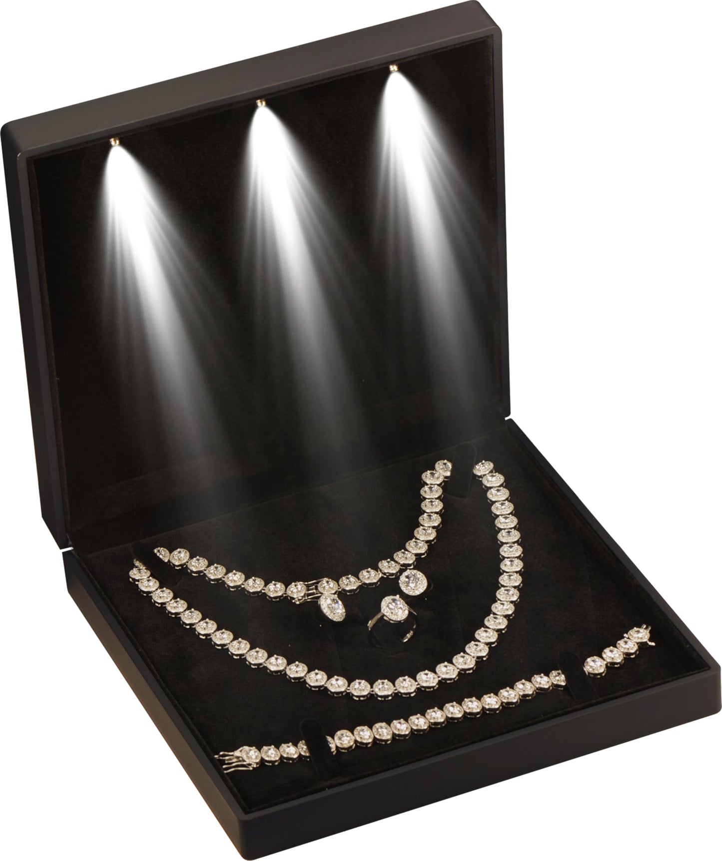 LED Black Extra Large Necklace Earring Ring Bracelet Set Jewelry Gift Box with Light for Wedding, Engagement..for Men Women